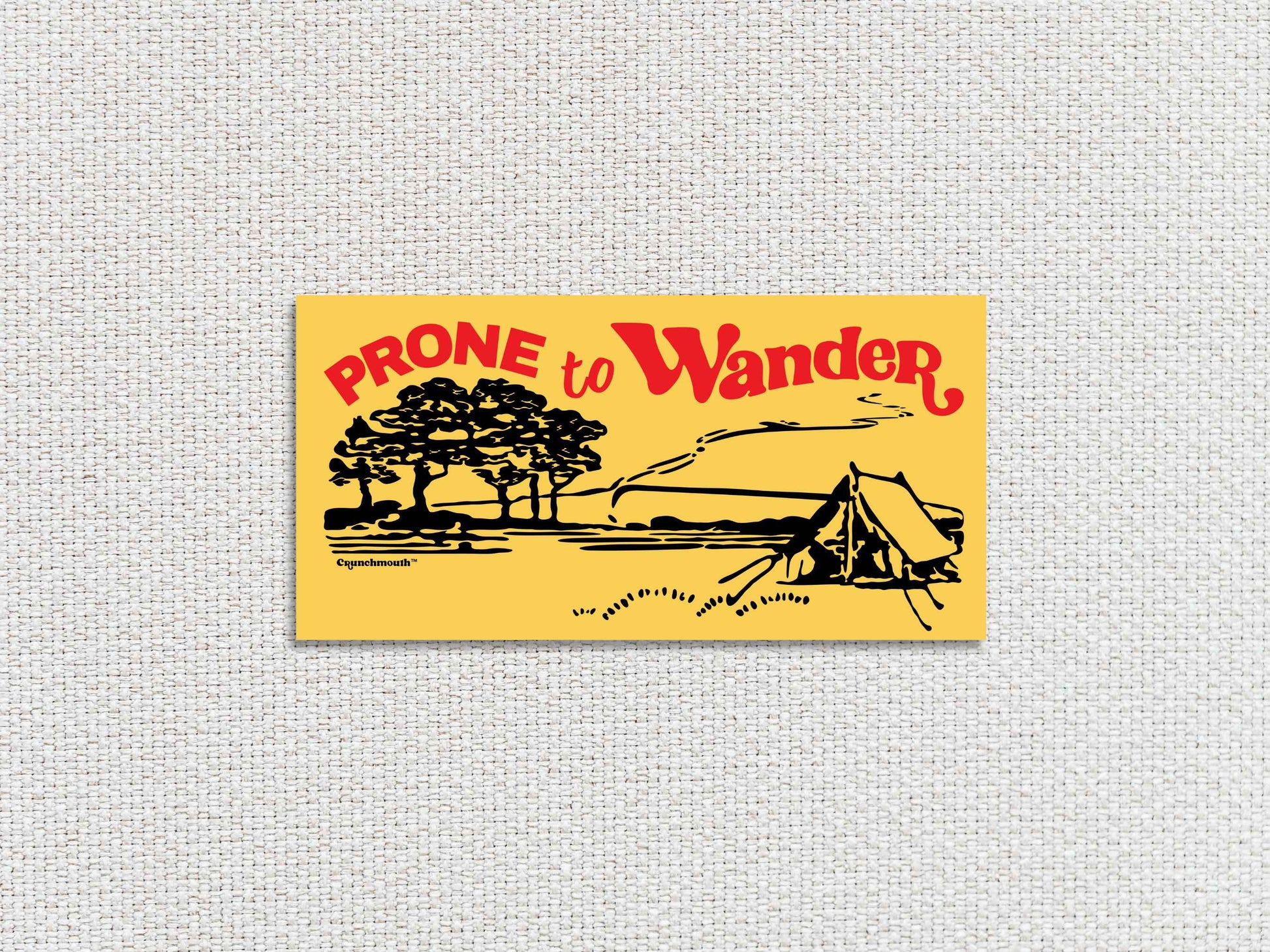 prone to wander camping bumper sticker, white textured background