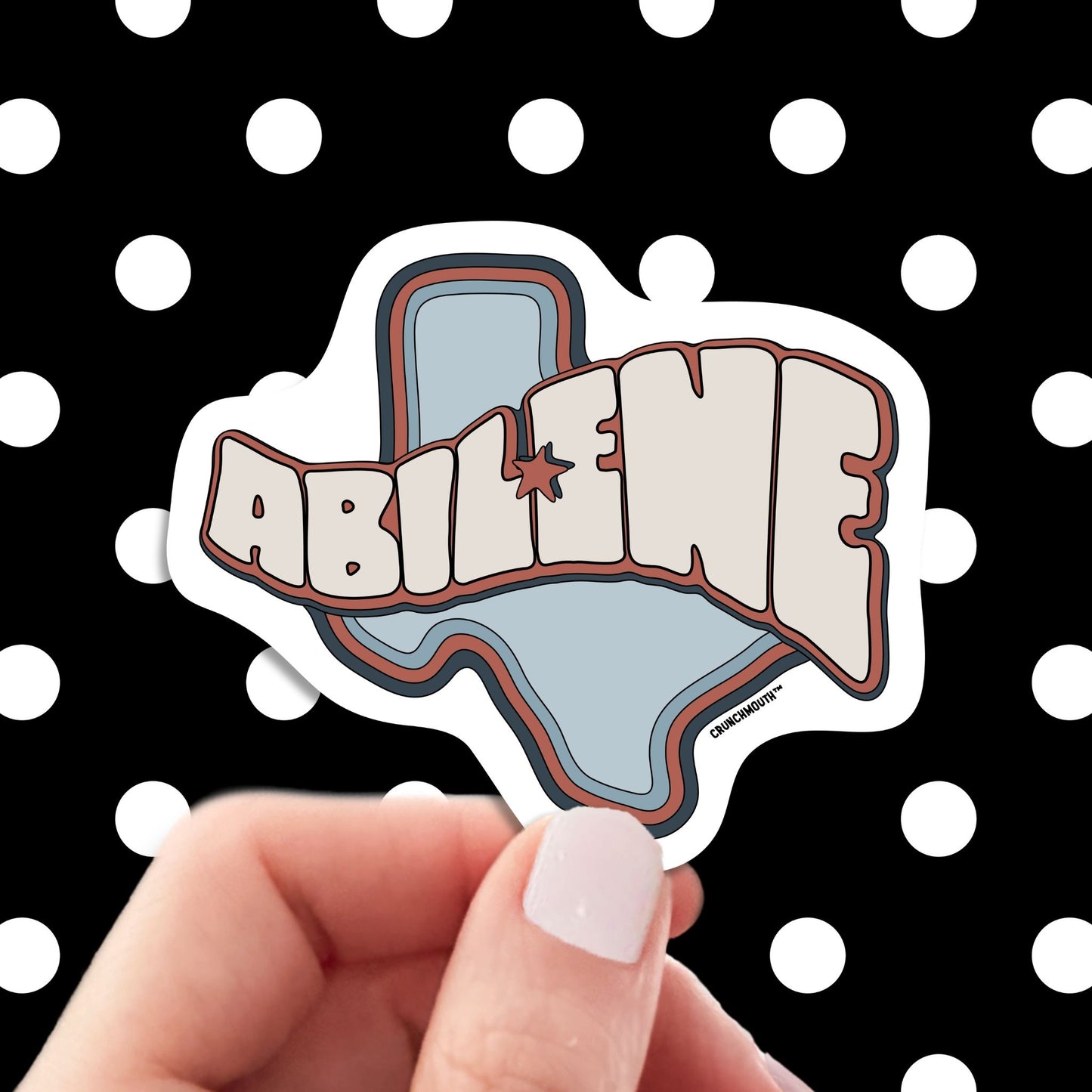 Abilene travel luggage sticker, hand display, polka dots pattern design background