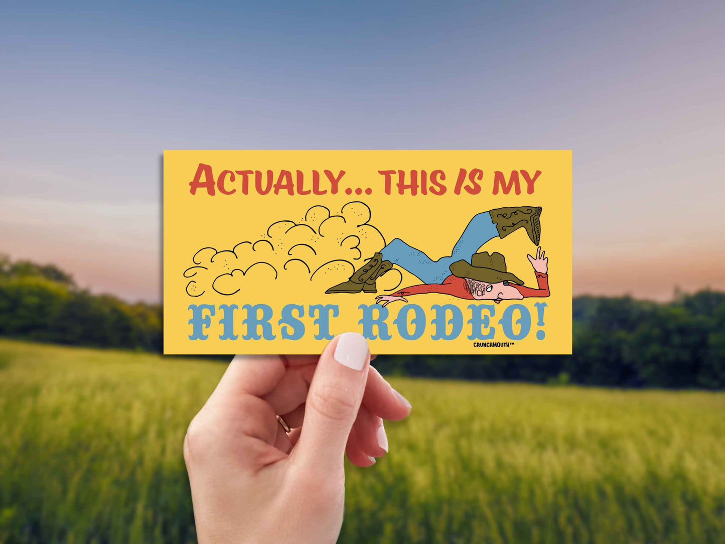 actually this is my first rodeo bumper sticker, hand display, green field background