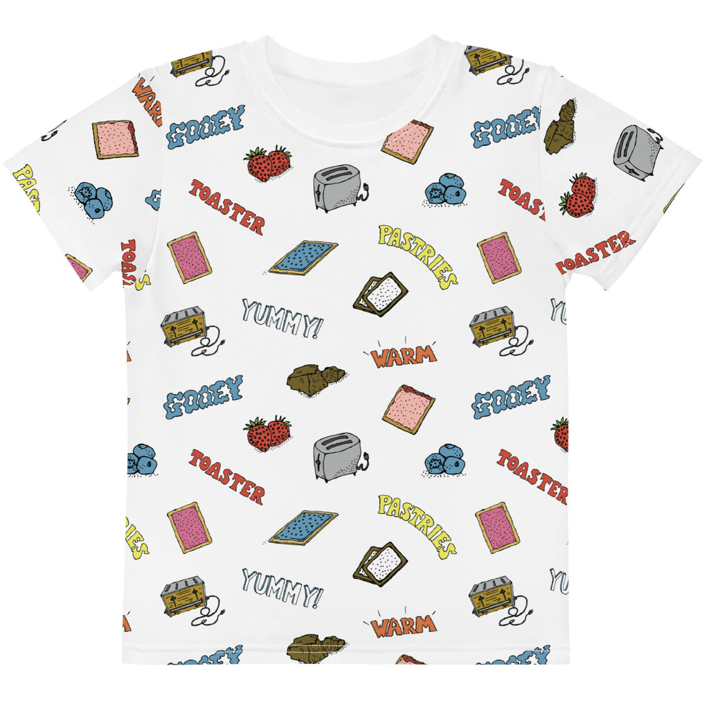 toaster pastries all over print t-shirt for kids, featuring cartoon images of pop tarts, strawberries, chocolate, blueberries, back
