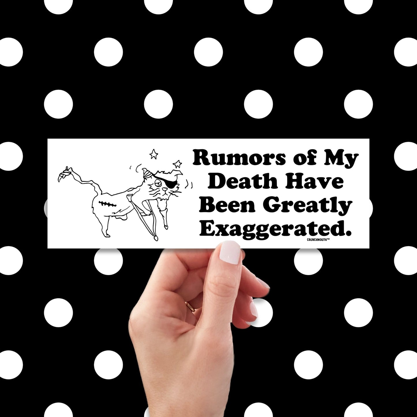 rumors of my death have been greatly exaggerated bumper sticker, hand display, polka dots pattern design background