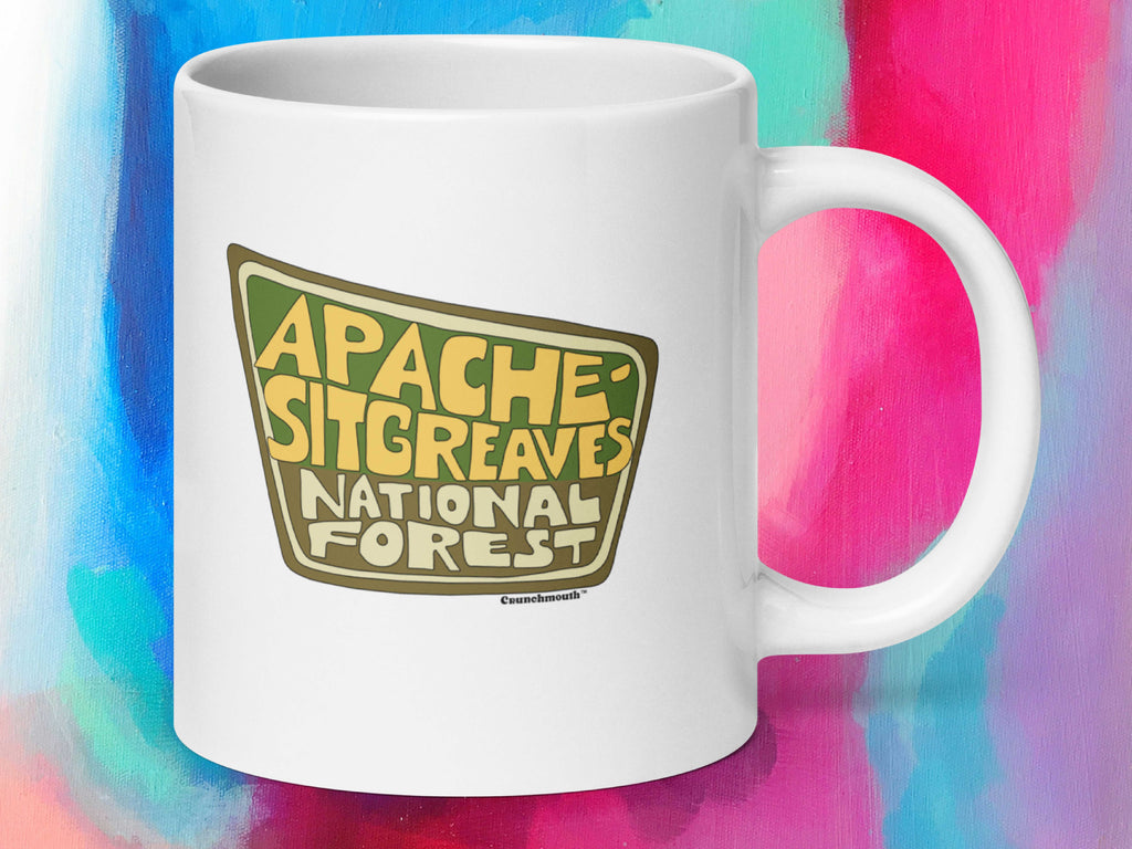 apache-sitgreaves national forest 20oz coffee mug, handle on right, colorful paint background