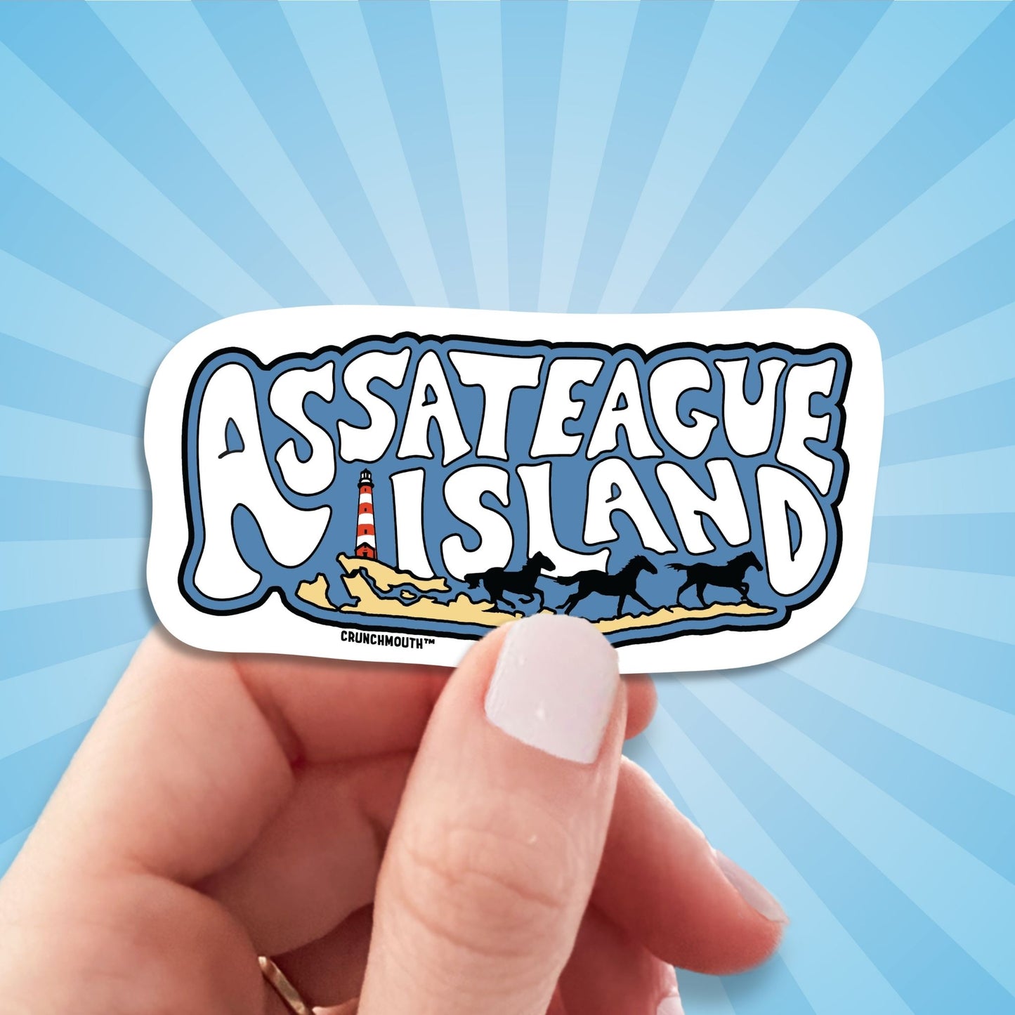 assateague island travel luggage sticker, hand display, sun rays design background