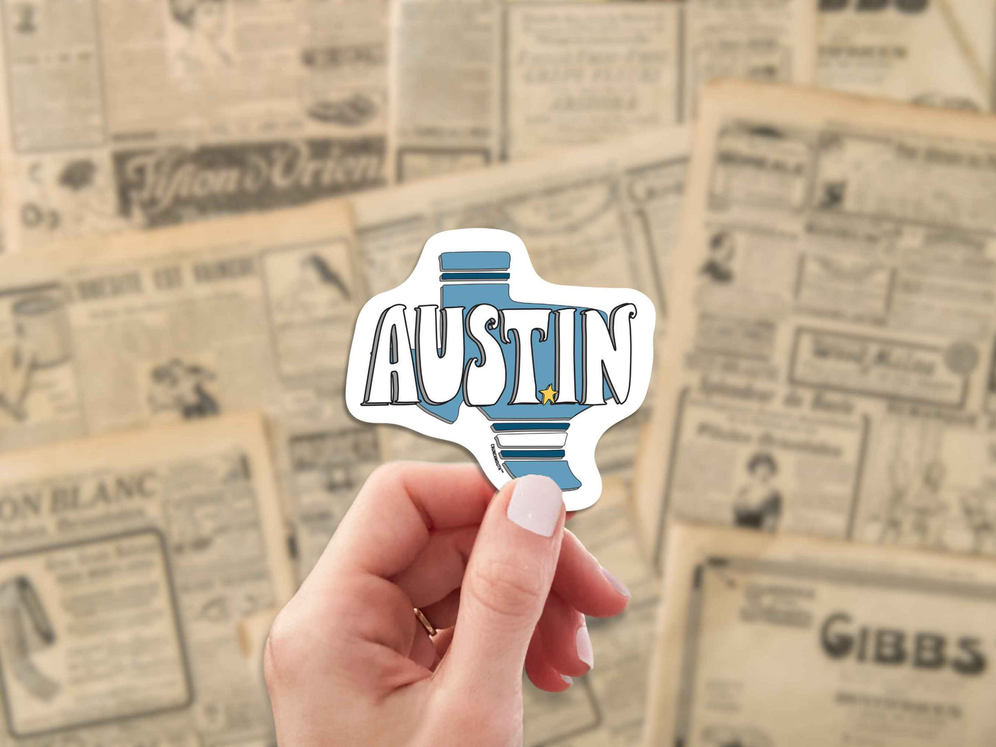 austin texas sticker, hand display, vintage newspaper advertisement background