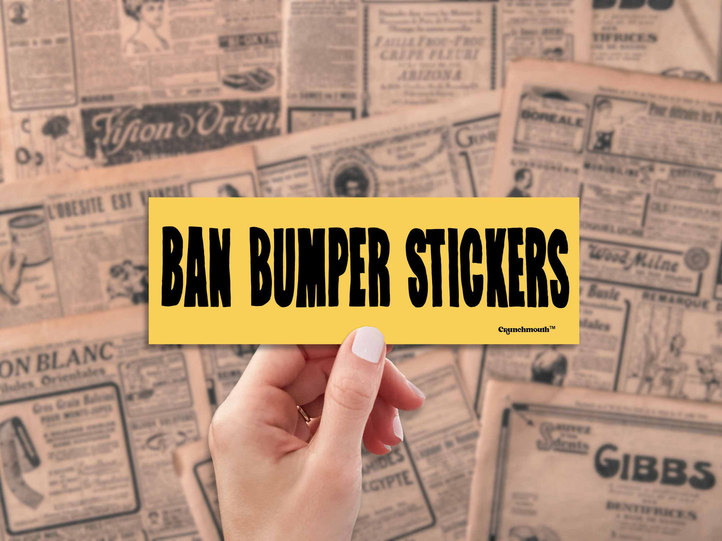 ban bumper stickers bumper sticker, hand display, vintage newspaper ads background