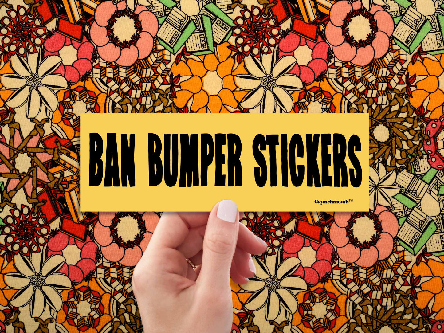ban bumper stickers bumper sticker, hand display, 1960s floral pattern fabric background