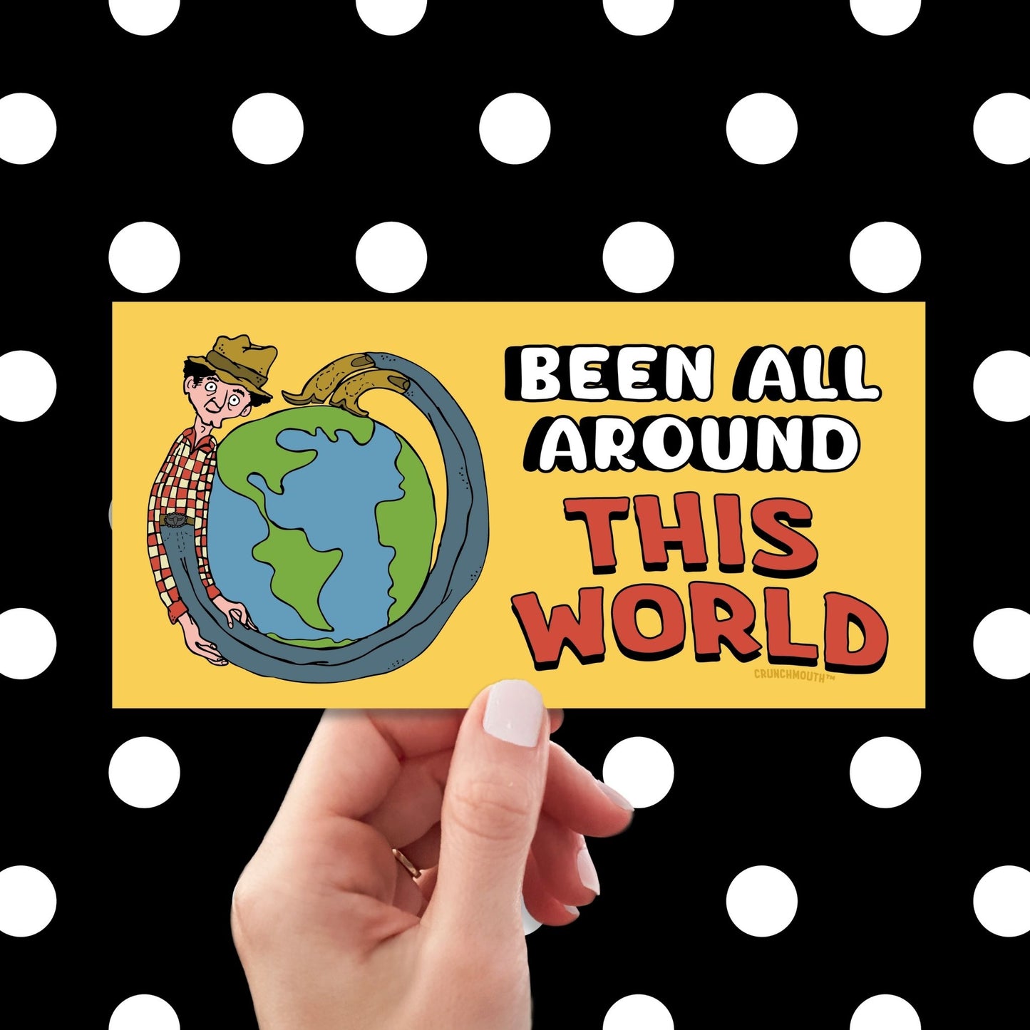been all around this world bumper sticker, hand display, polka dots pattern design background