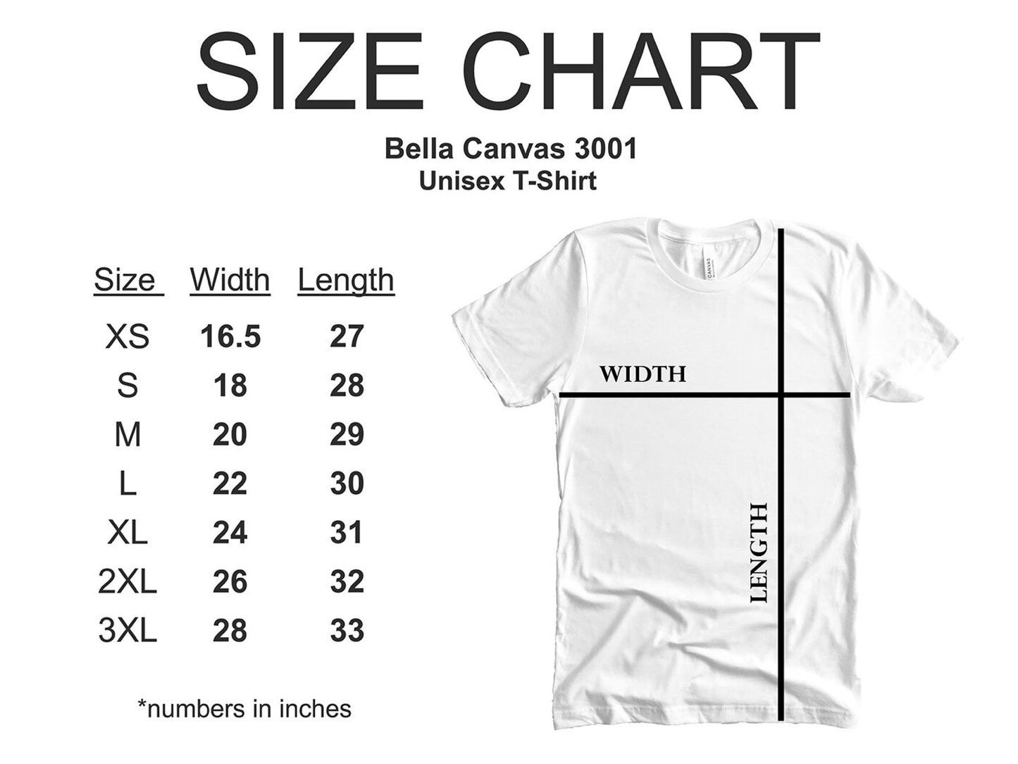 Size chart for Bella Canvas 3001 Unisex T-Shirt with measurements in inches.