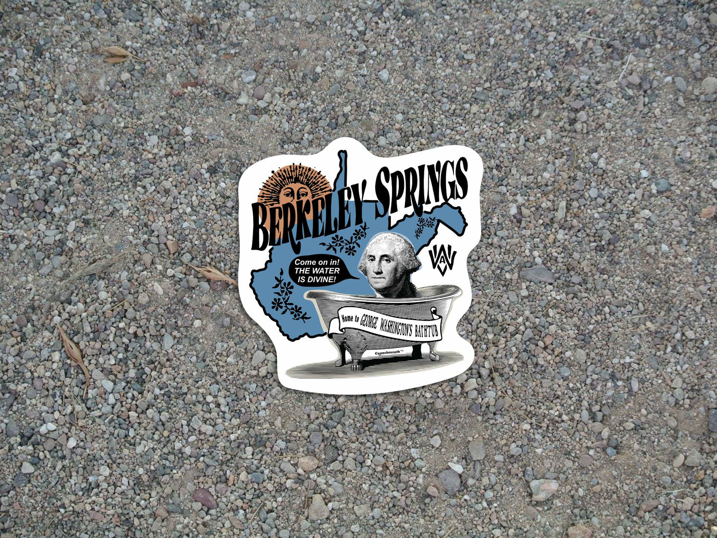 berkeley springs travel luggage sticker, gravel road background