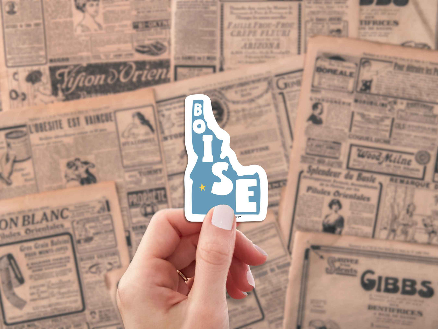 boise travel luggage sticker, hand display, antique newspaper advertisements background