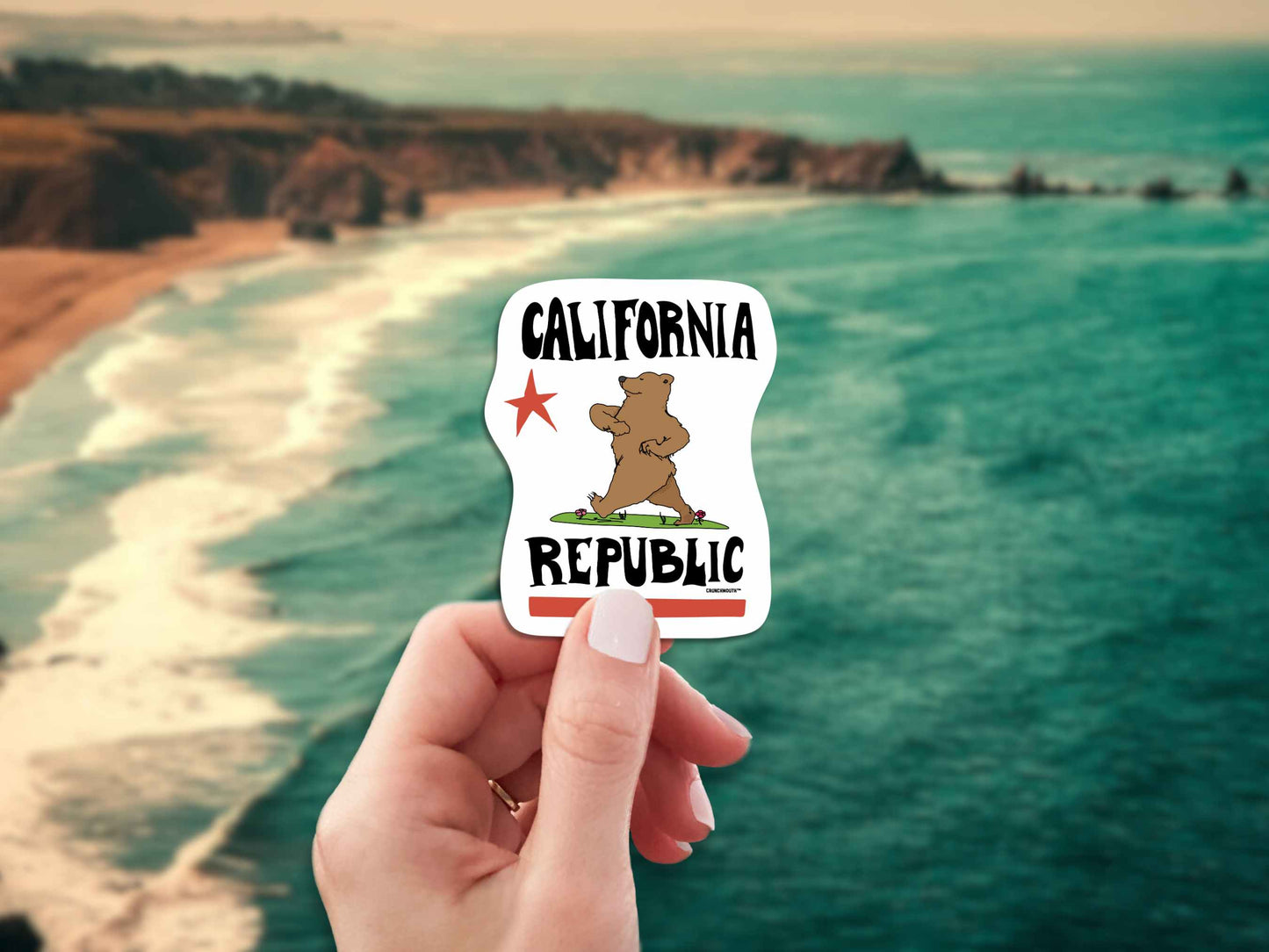 california republic bear travel luggage sticker, hand display, beach ocean shore background