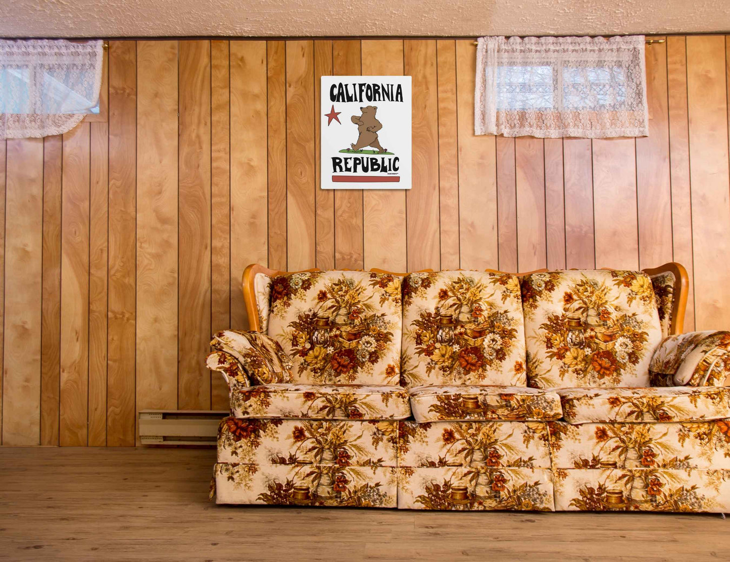 california republic metal wall art sign, flag parody, displayed in context over couch on wall of room