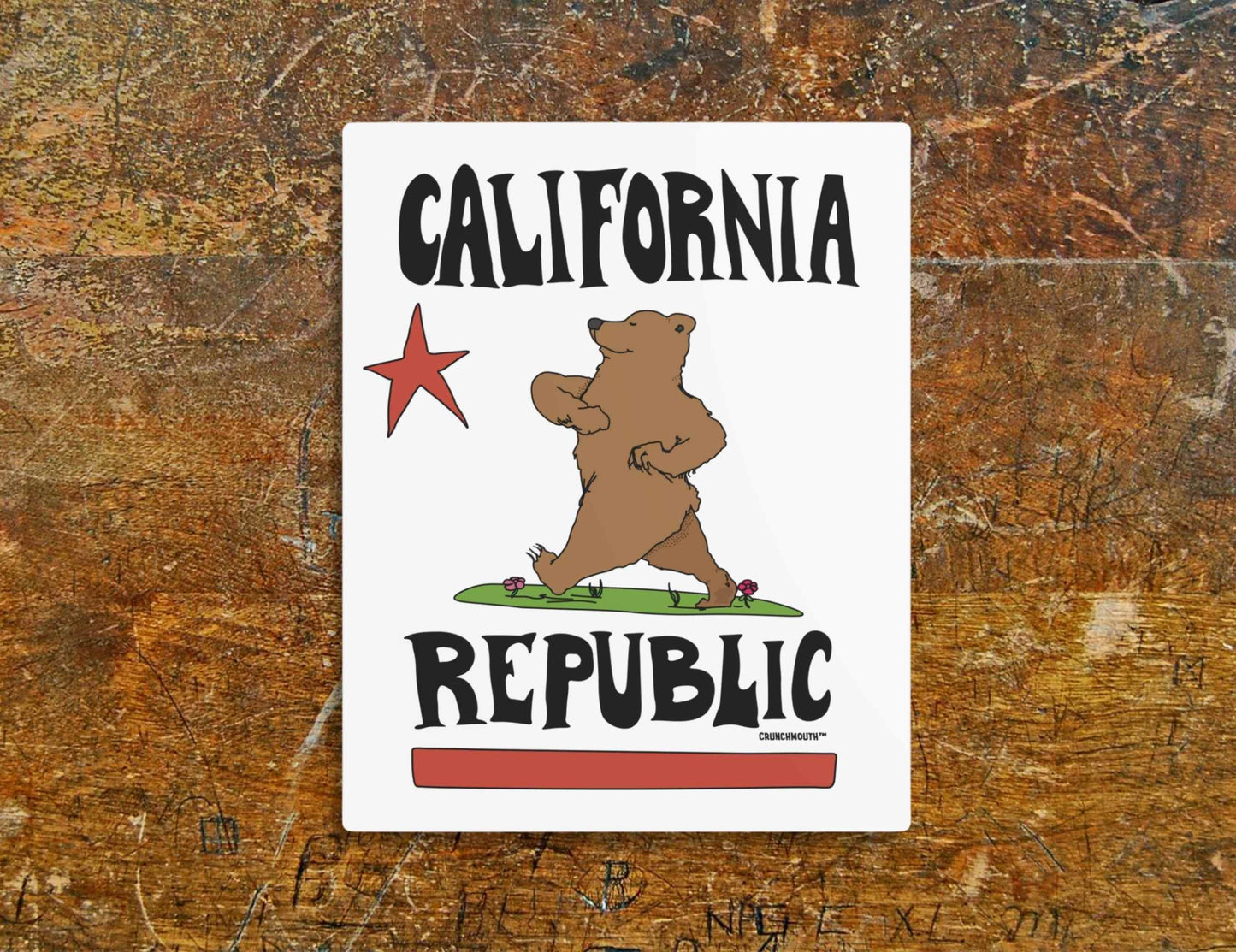 california republic metal wall art sign, flag parody, wood background