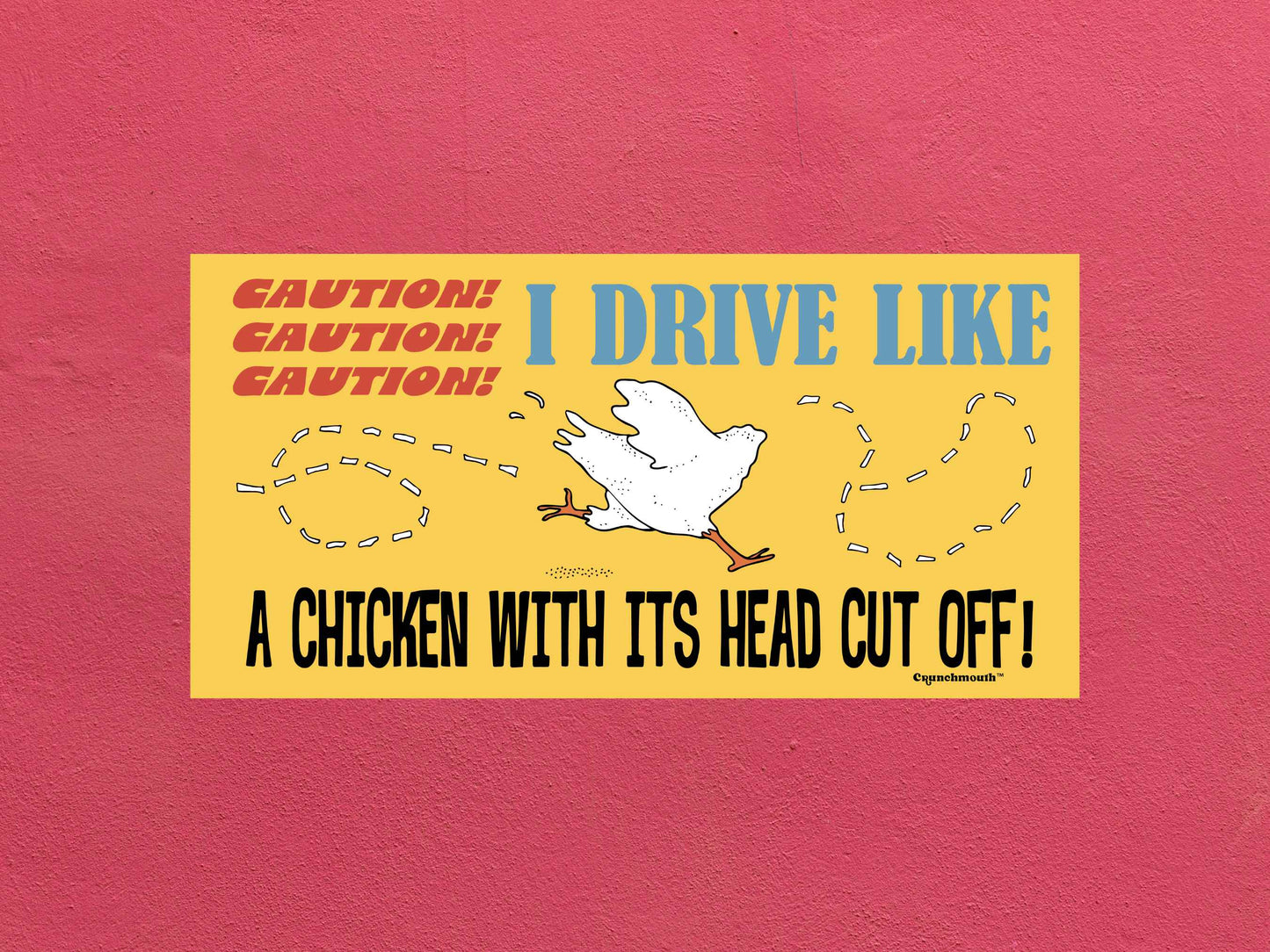 caution i drive like a chicken with its head cut off funny bumper sticker, rose color textured background