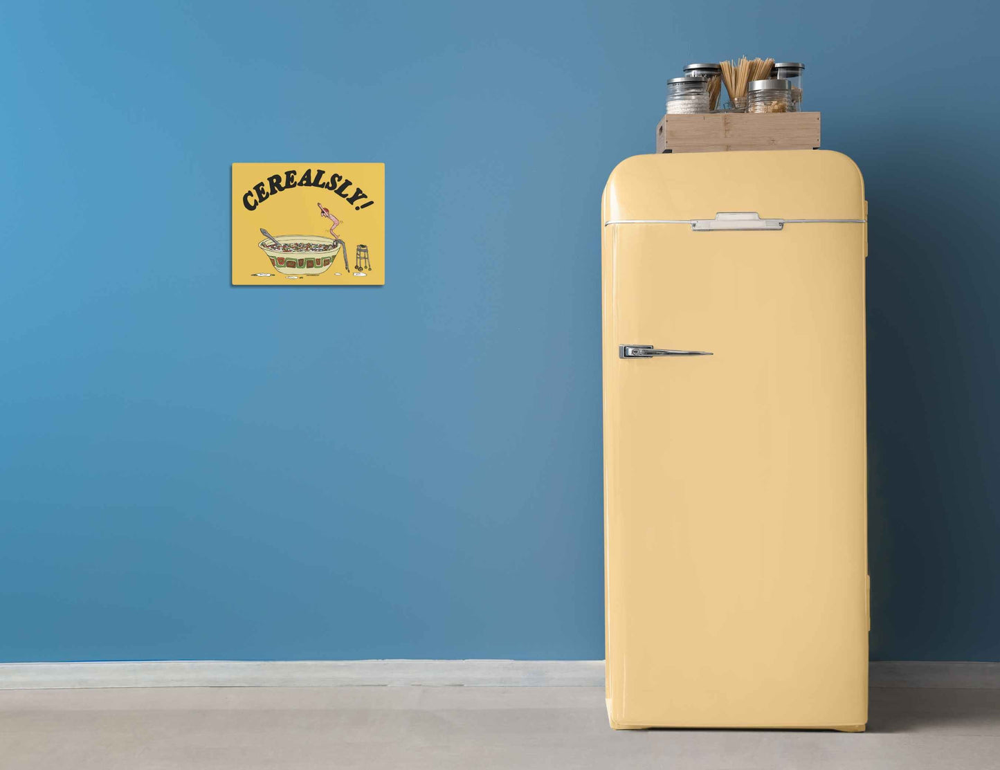 cerealsly metal wall art sign, funny cereal diver, displayed in context on kitchen wall