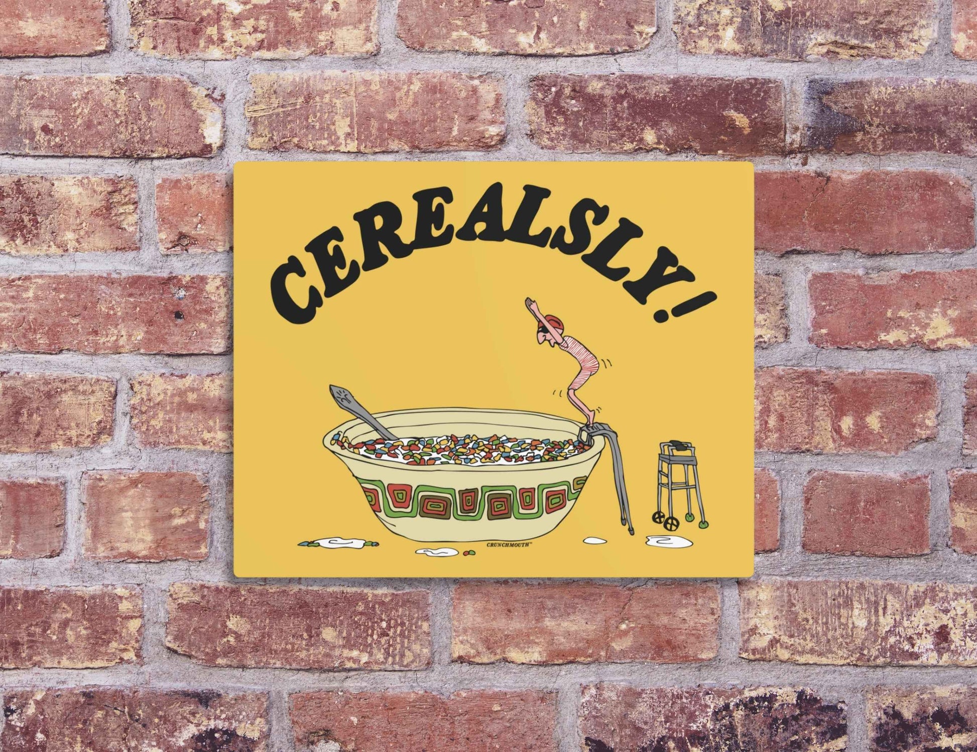 cerealsly metal wall art sign, funny cereal diver, red brick wall background