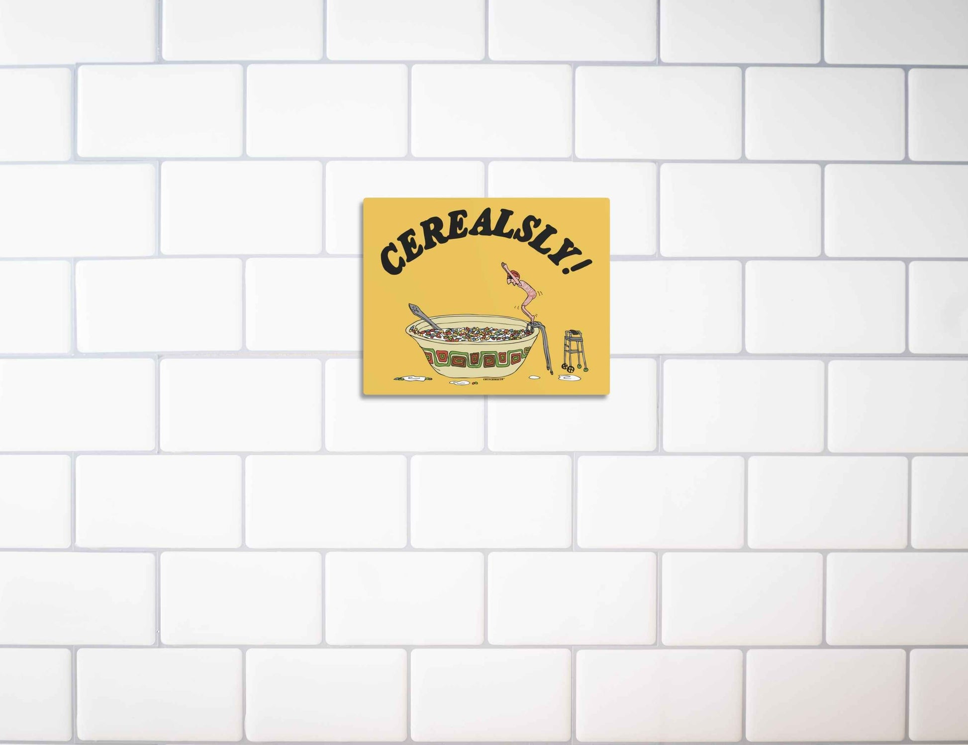 cerealsly metal wall art sign, funny cereal diver, white tile wall background