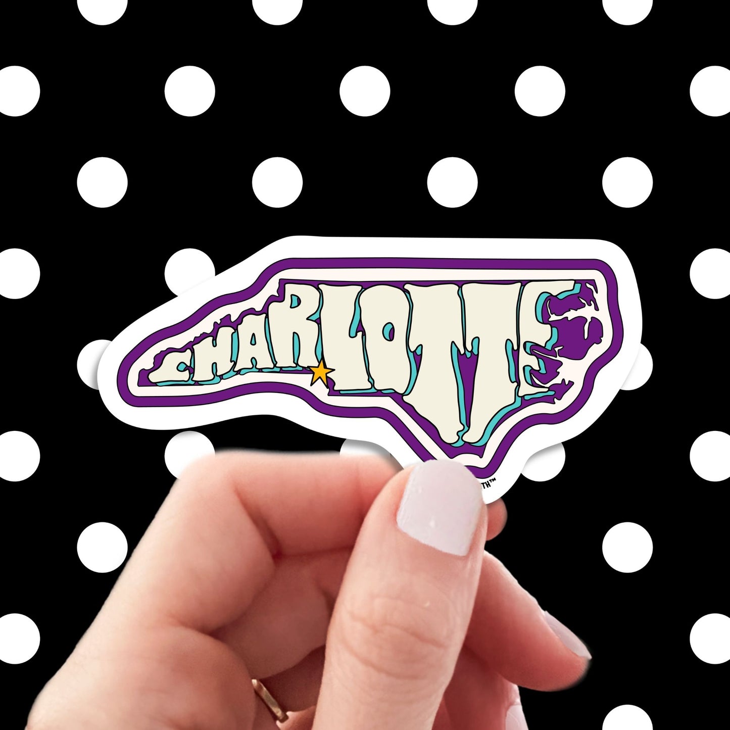 charlotte travel luggage sticker, hand display, polka dots pattern design background