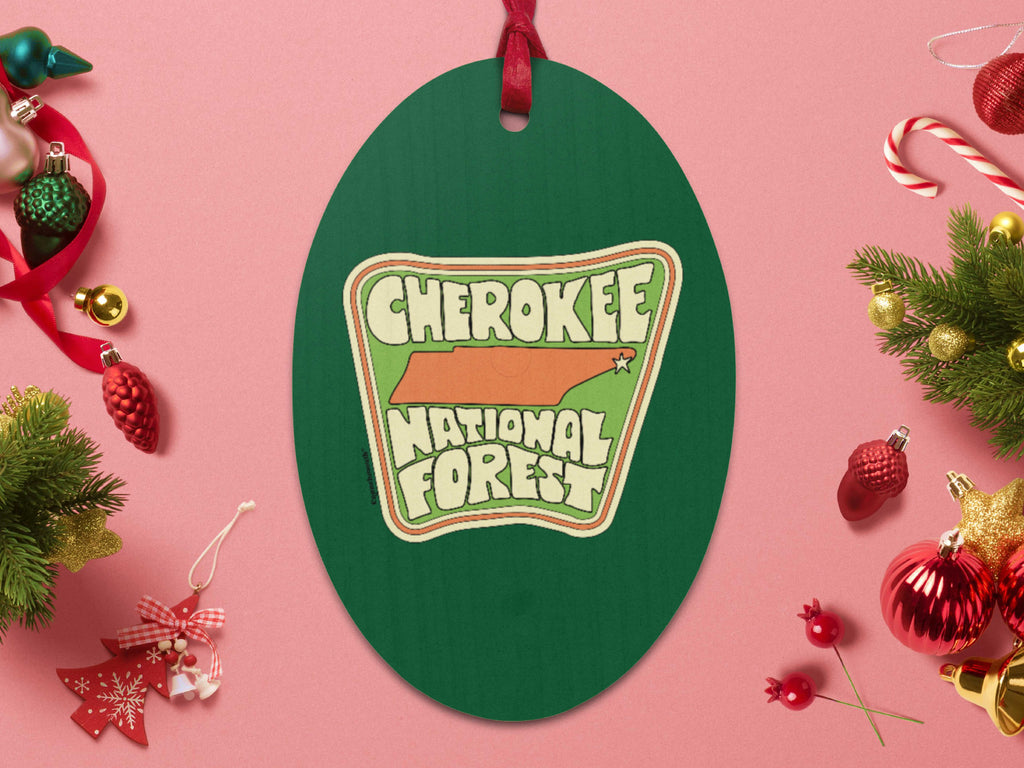 cherokee national forest tennessee wooden Christmas ornament, back, Christmas theme background