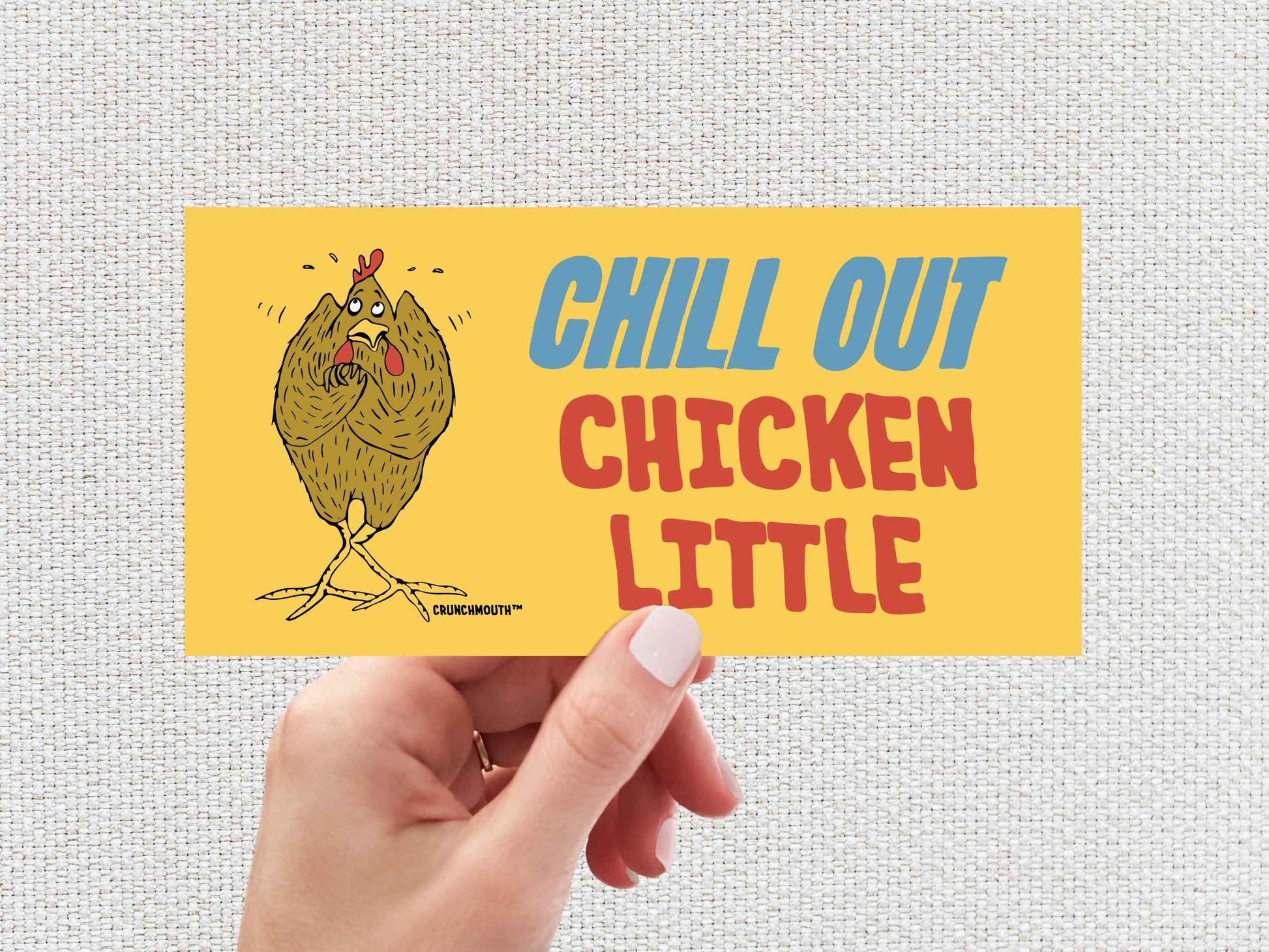 chill out chicken little bumper sticker, hand display, white textured background