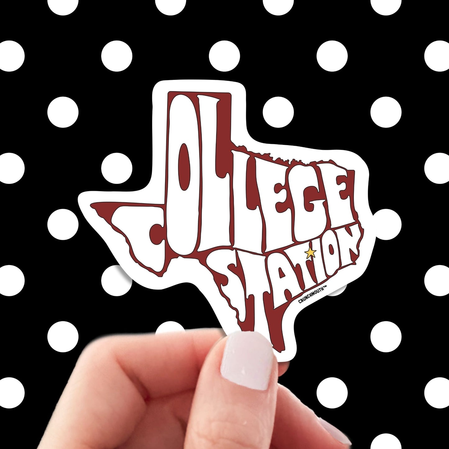 college station travel luggage sticker, hand display, polka dots pattern design background