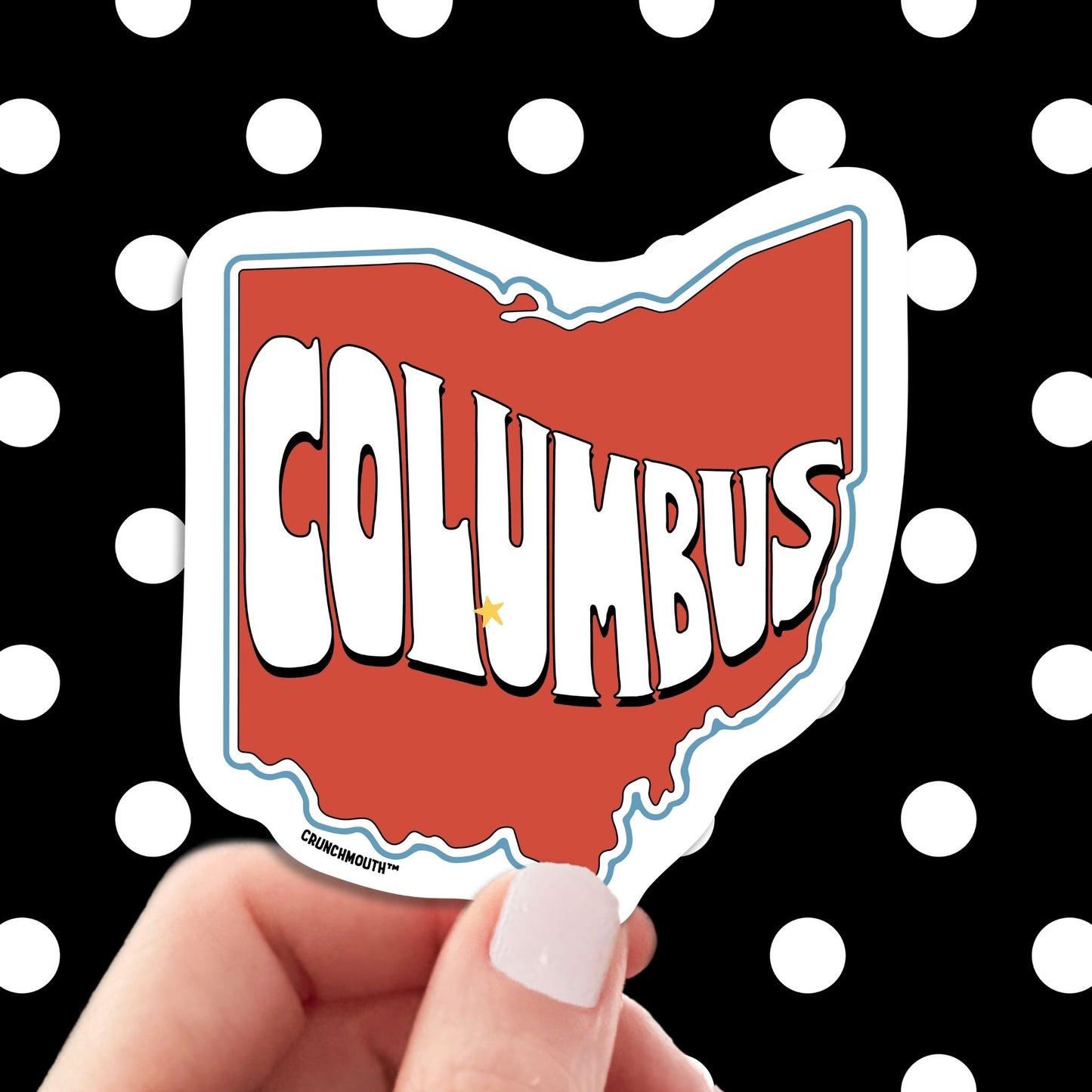 columbus ohio travel luggage sticker, hand display, polka dots pattern design background