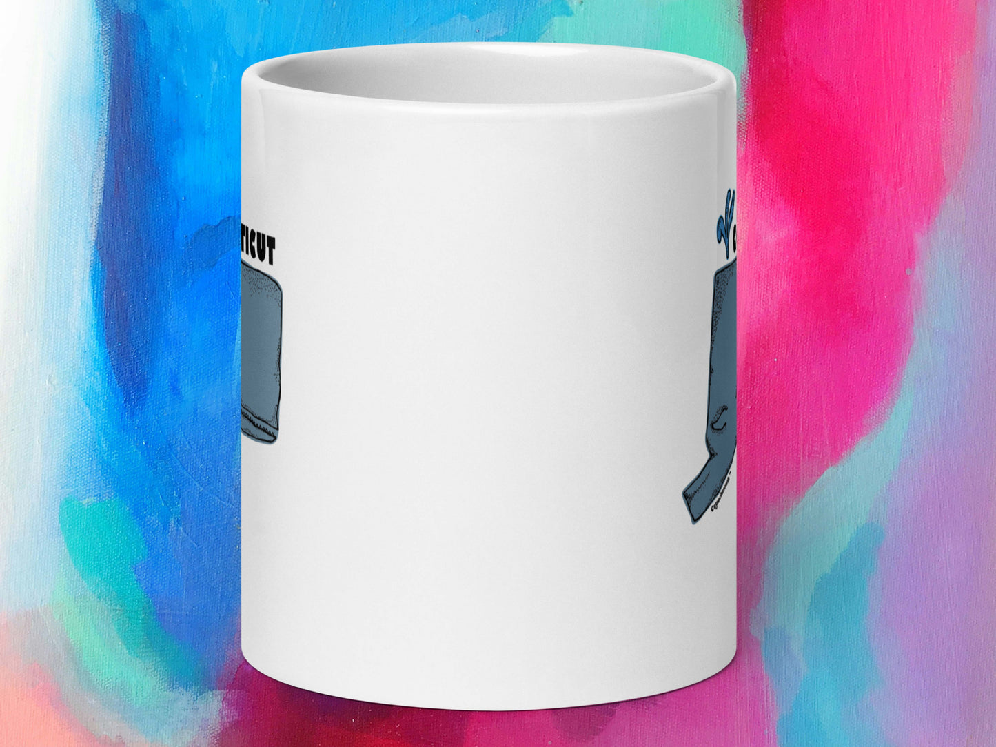 connecticut state whale coffee mug, 20oz, front view colorful paint background