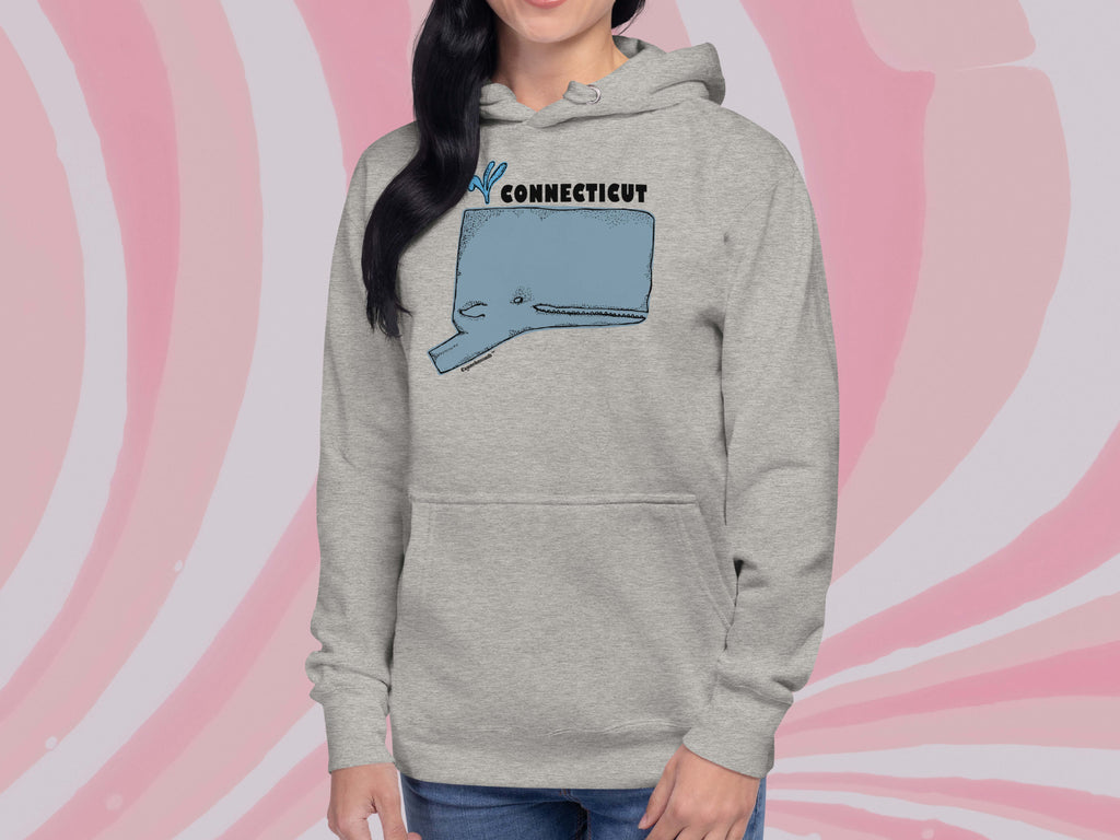 connecticut state outline whale hoodie sweatshirt, front, female, pink swirl background