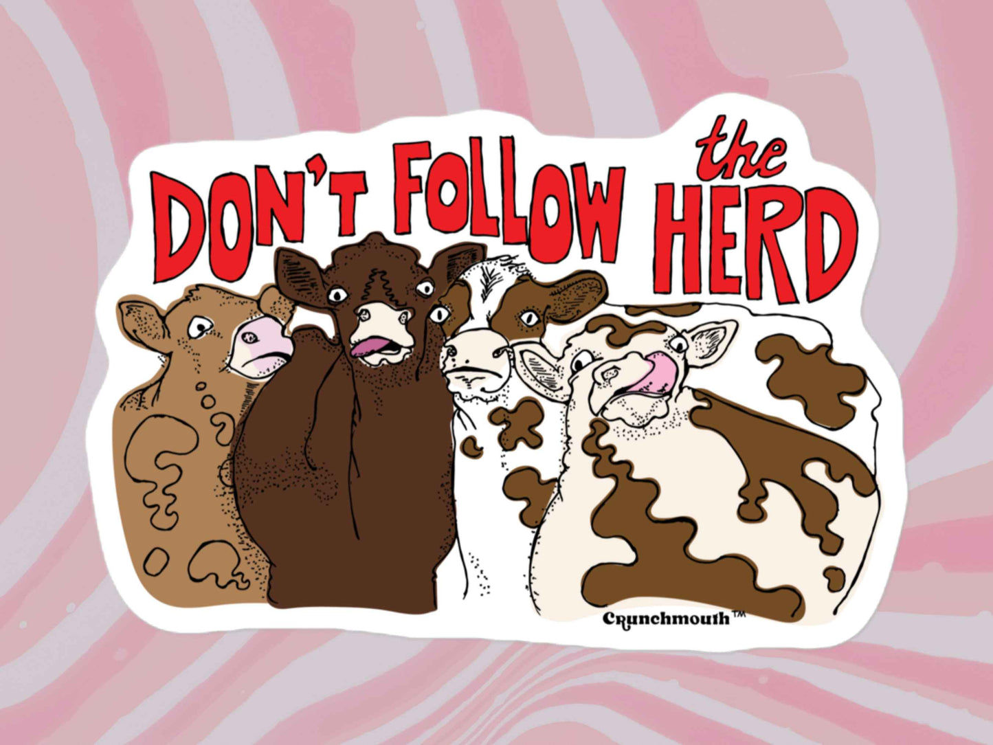 cow sticker, cow sticking tongue out, pink swirl background