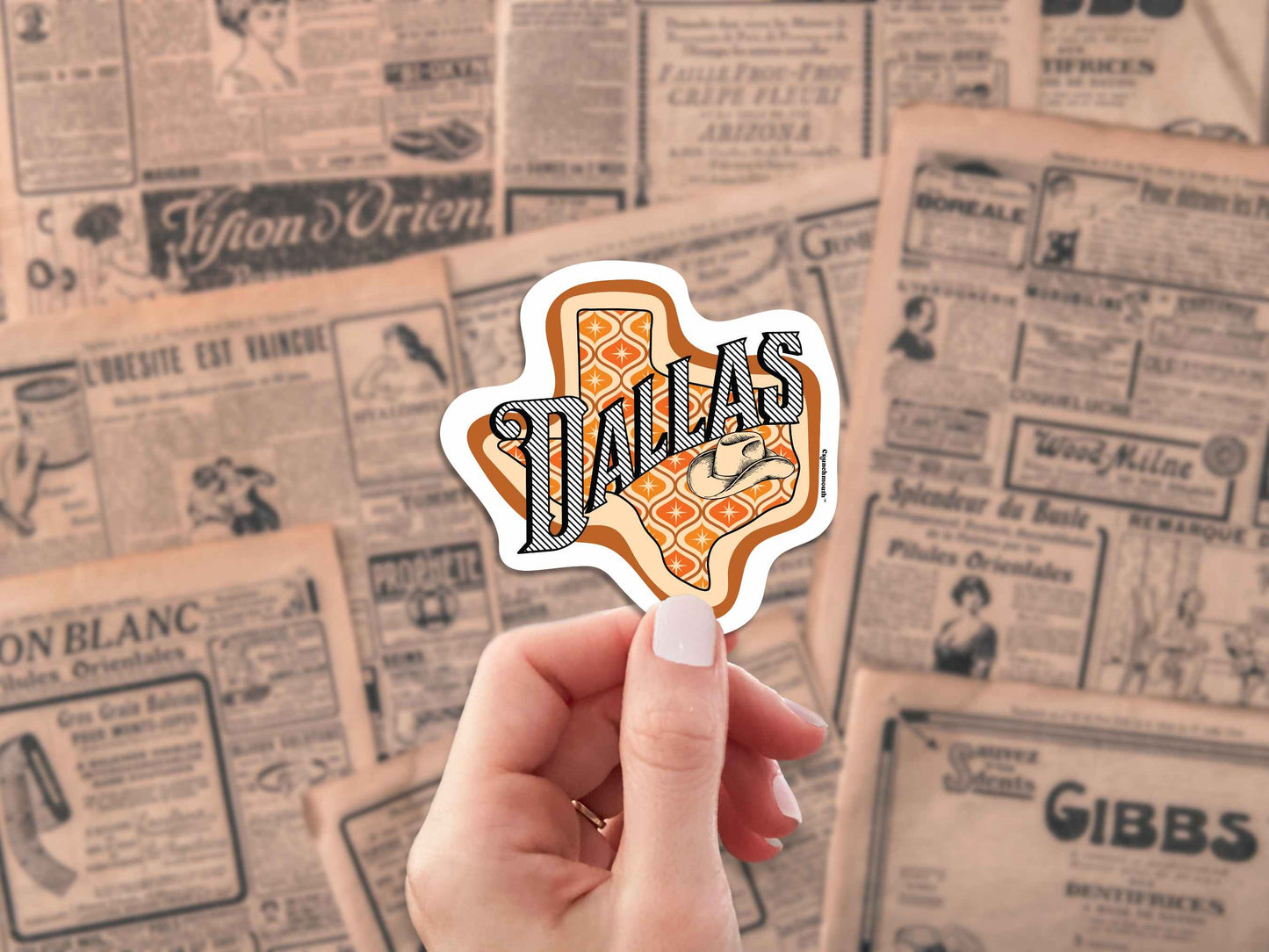 dallas travel luggage sticker, hand display, vintage newspaper ads background