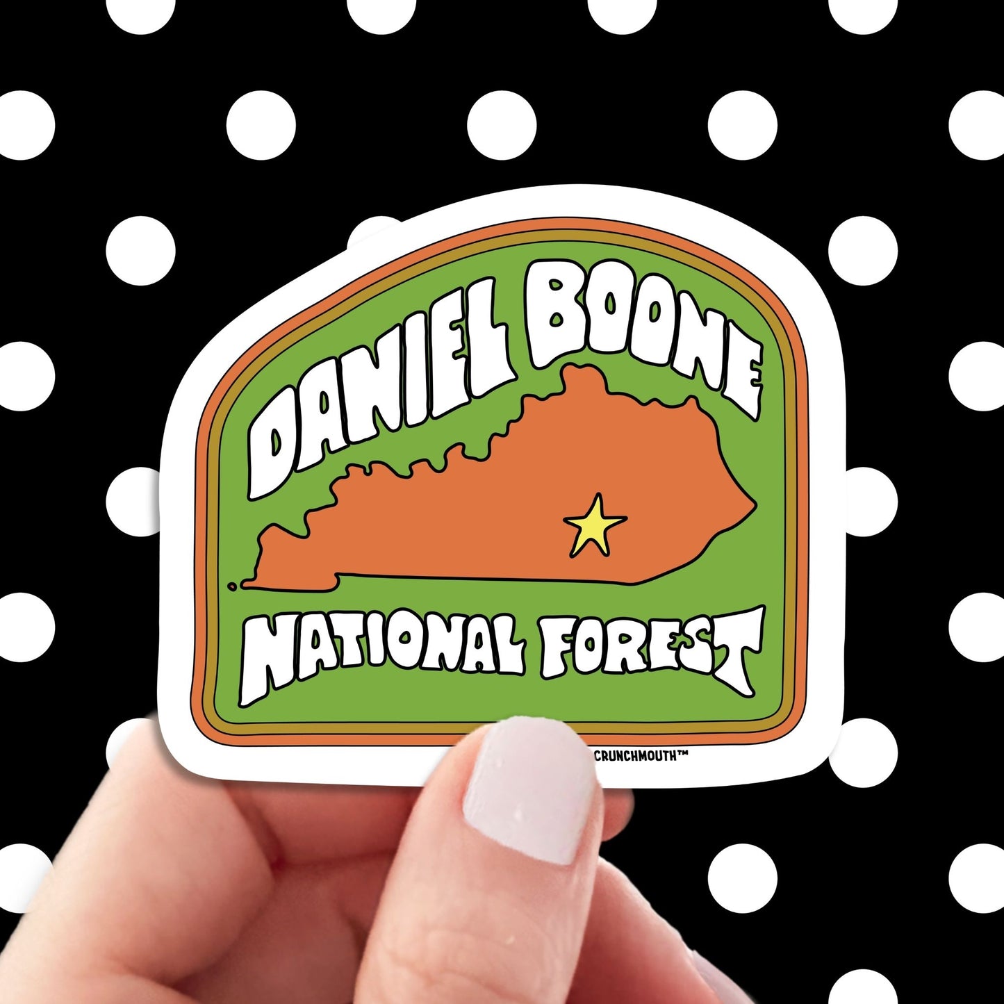 Daniel boone national forest travel luggage sticker, hand display, polka dots pattern design background