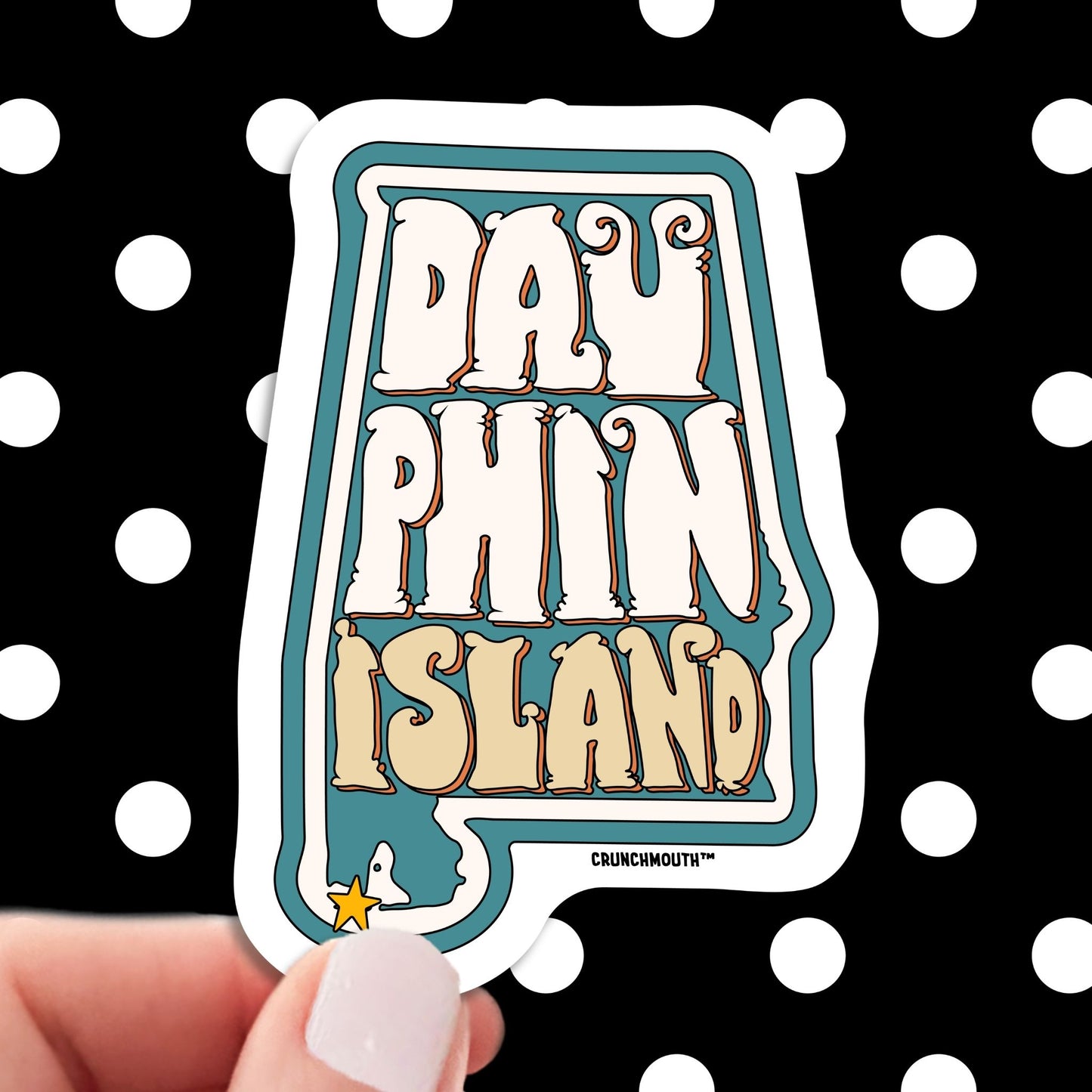 dauphin island travel luggage sticker, hand display, polka dots pattern design background