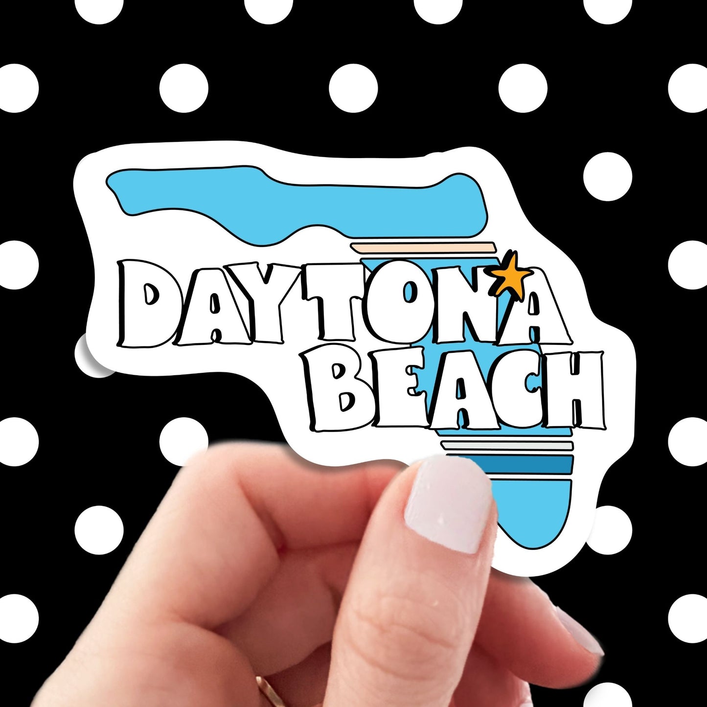 daytona beach florida travel luggage sticker, hand display, polka dots pattern design background