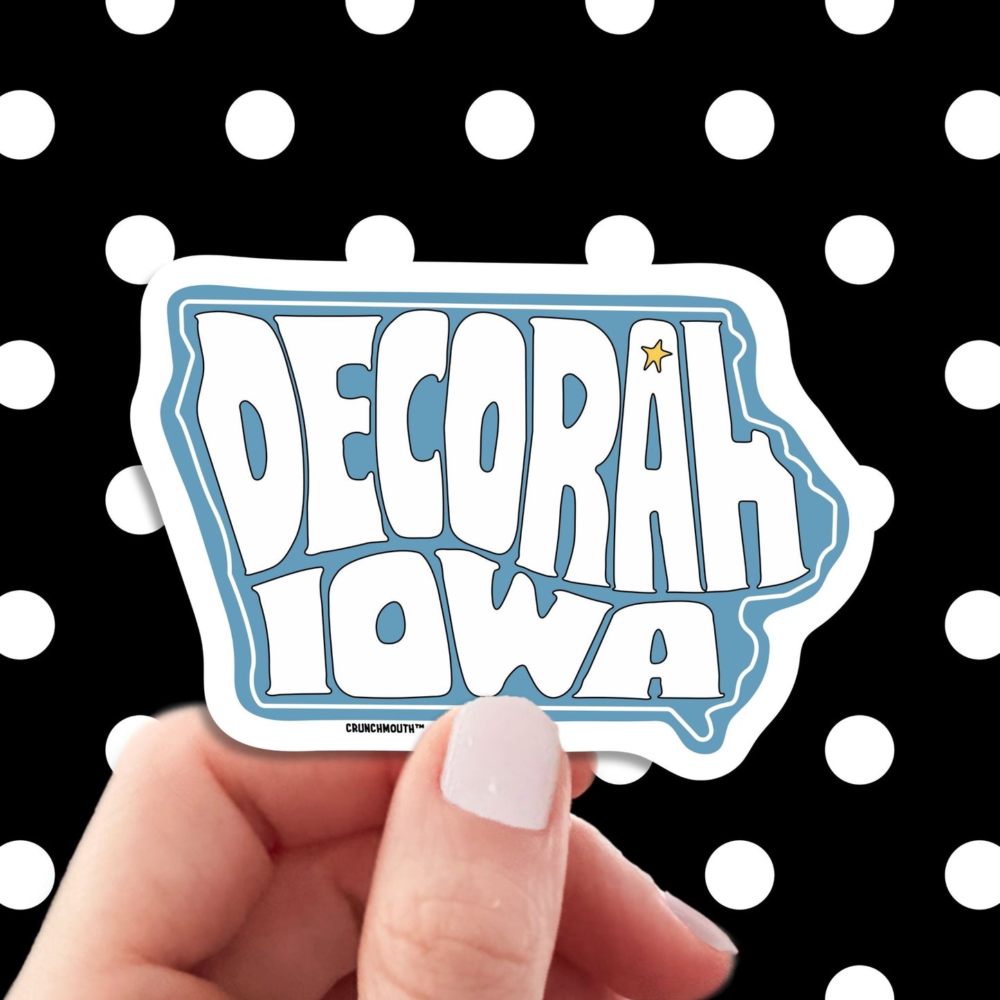 decorah iowa travel luggage sticker, hand display, polka dots pattern design background