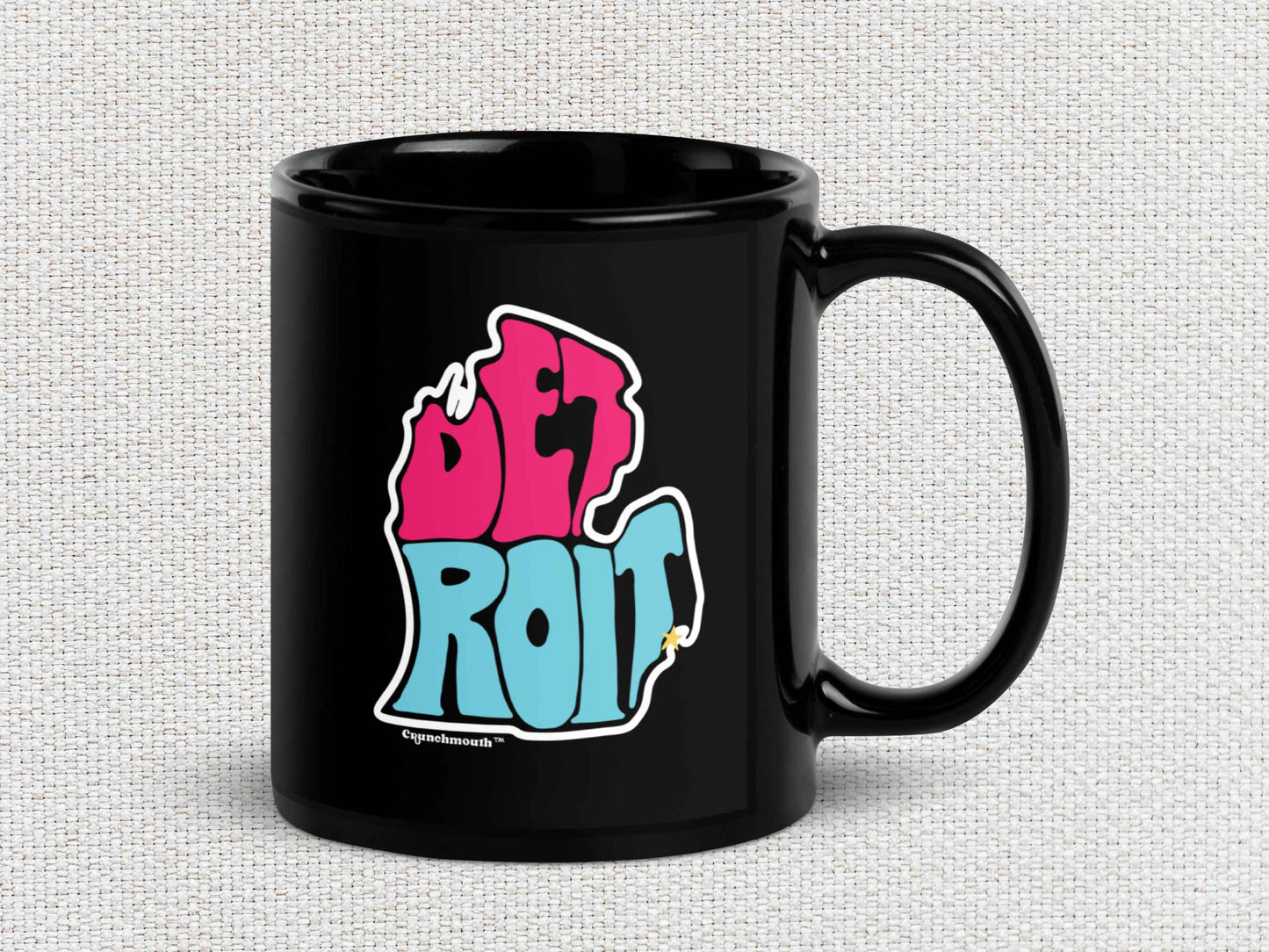 detroit coffee mug, souvenir mugs, 11oz handle on right, white textured background