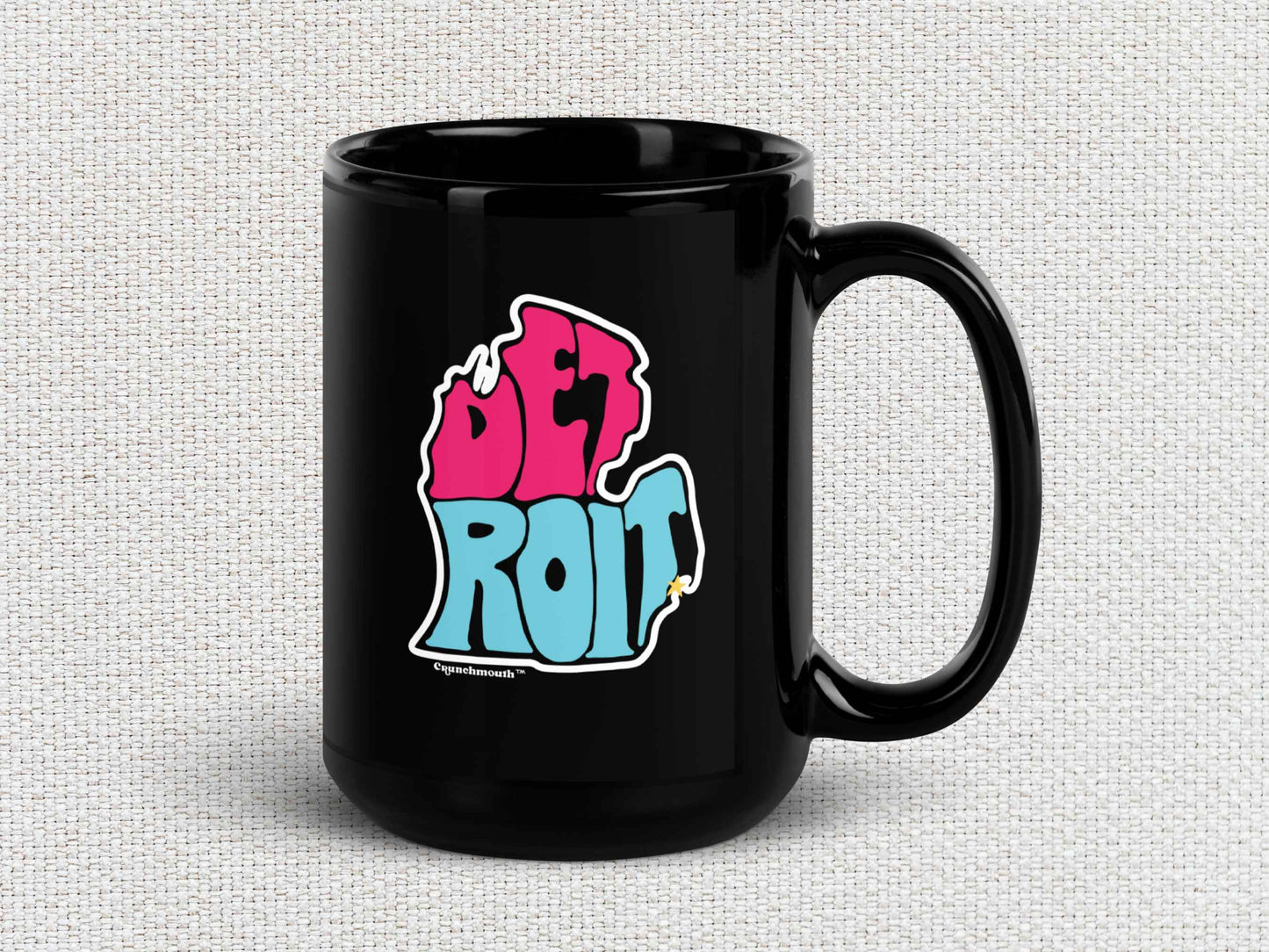 detroit coffee mug, souvenir mugs, 15oz handle on right, white textured background