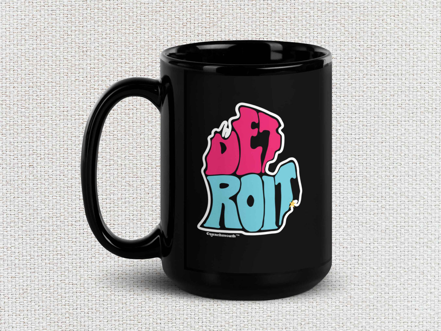 detroit coffee mug, souvenir mugs, 15oz handle on left, white textured background