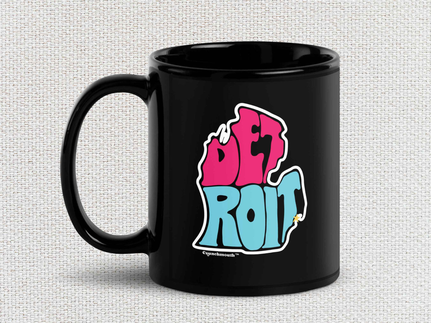 detroit coffee mug, souvenir mugs, 11oz handle on left, white textured background