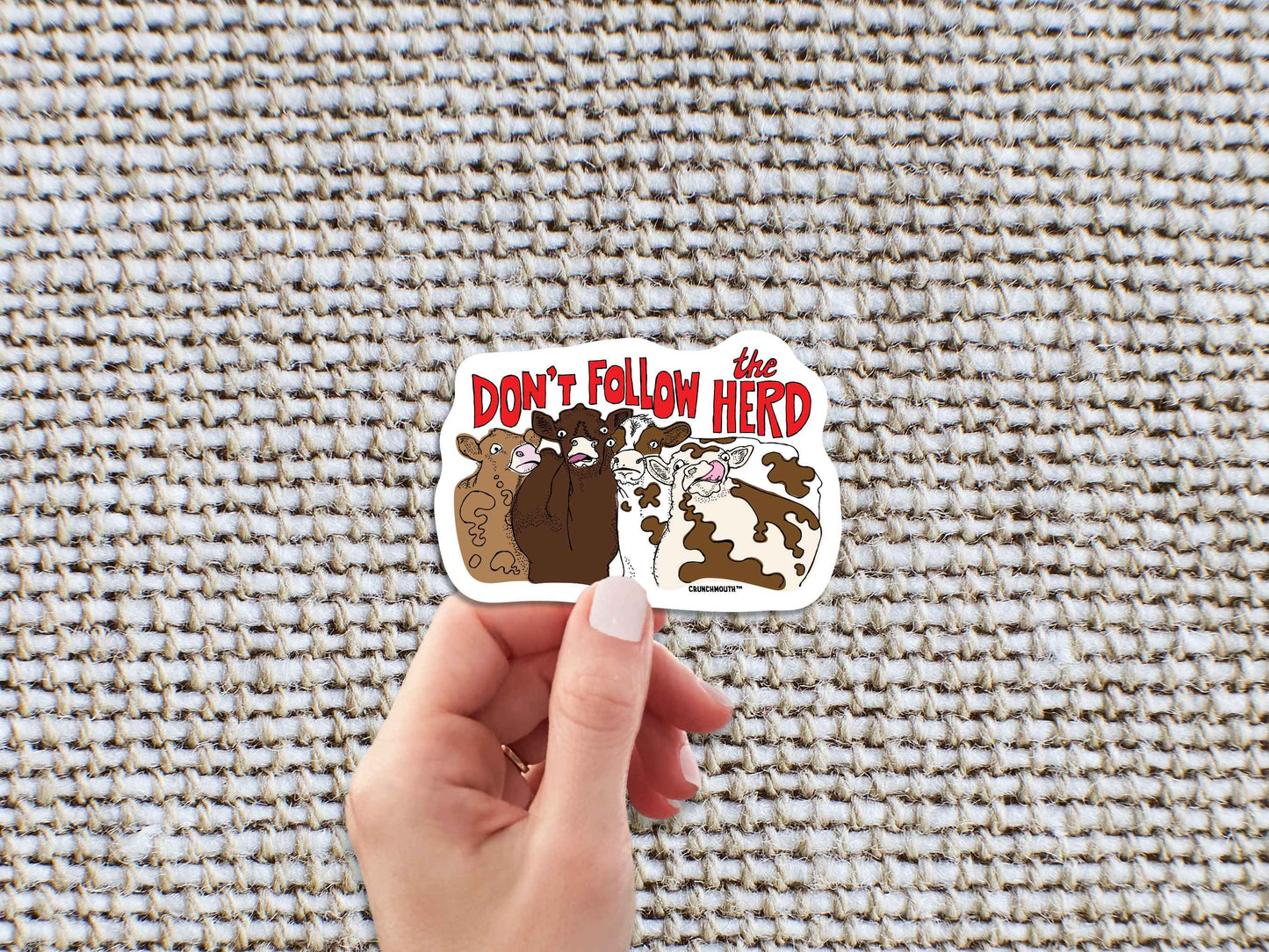 don't follow the herd sticker, hand display, grey textured fabric background