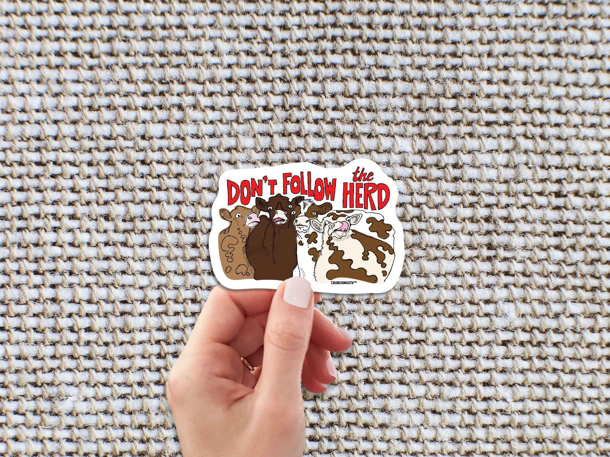 don't follow the herd sticker, hand display, grey textured fabric background