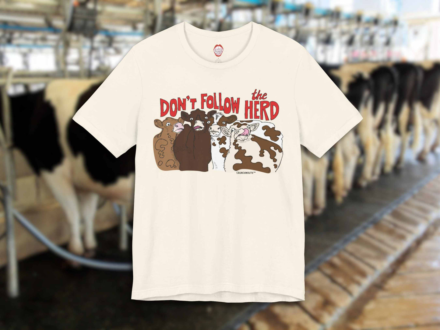 don't follow the herd t-shirt, funny cow tee, front, cows getting milked background
