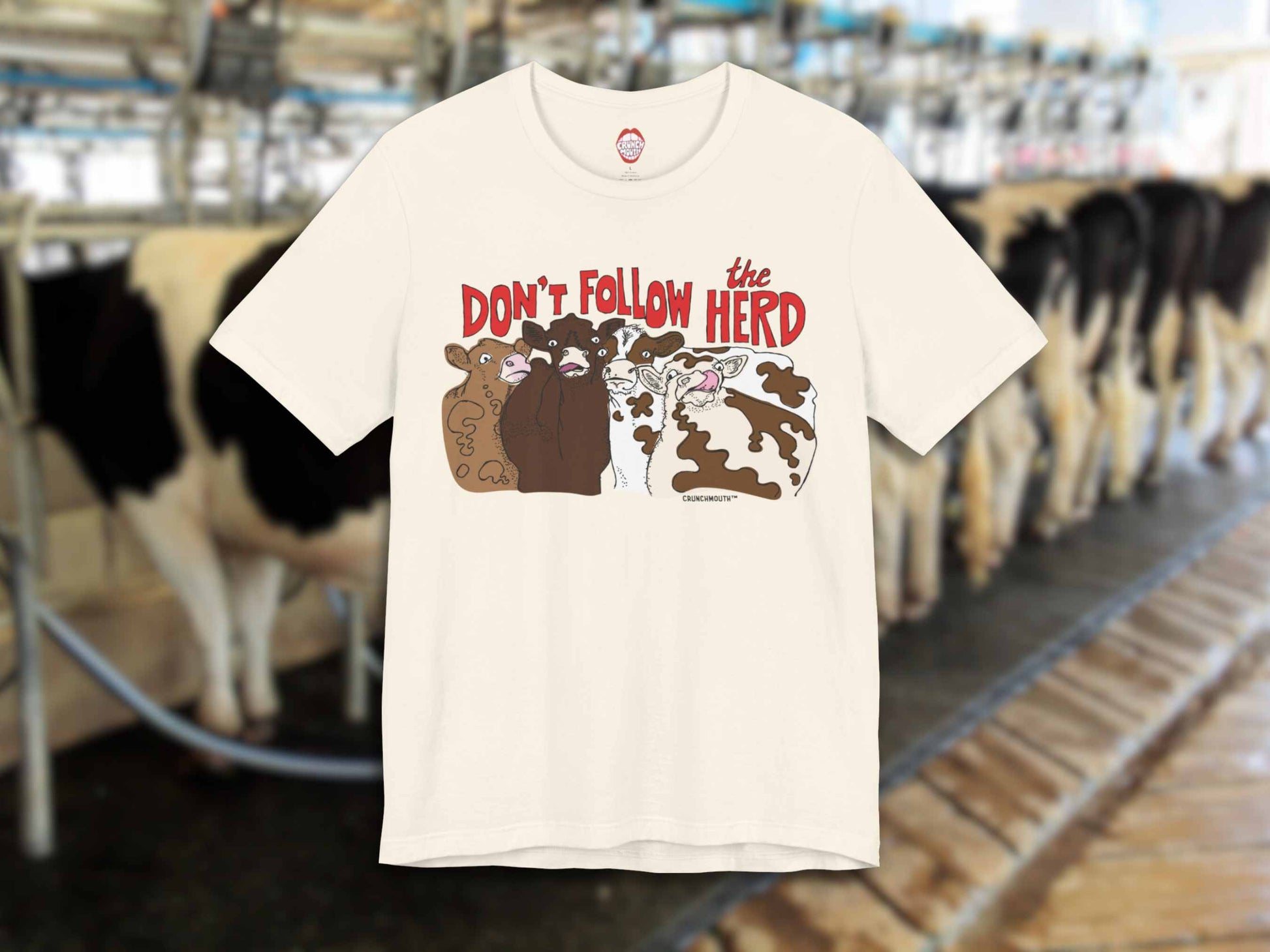 don't follow the herd t-shirt, funny cow tee, front, cows getting milked background