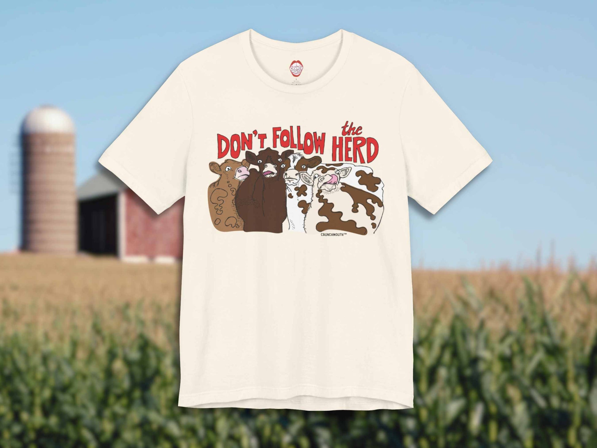 don't follow the herd t-shirt, funny cow tee, front, red barn farm background