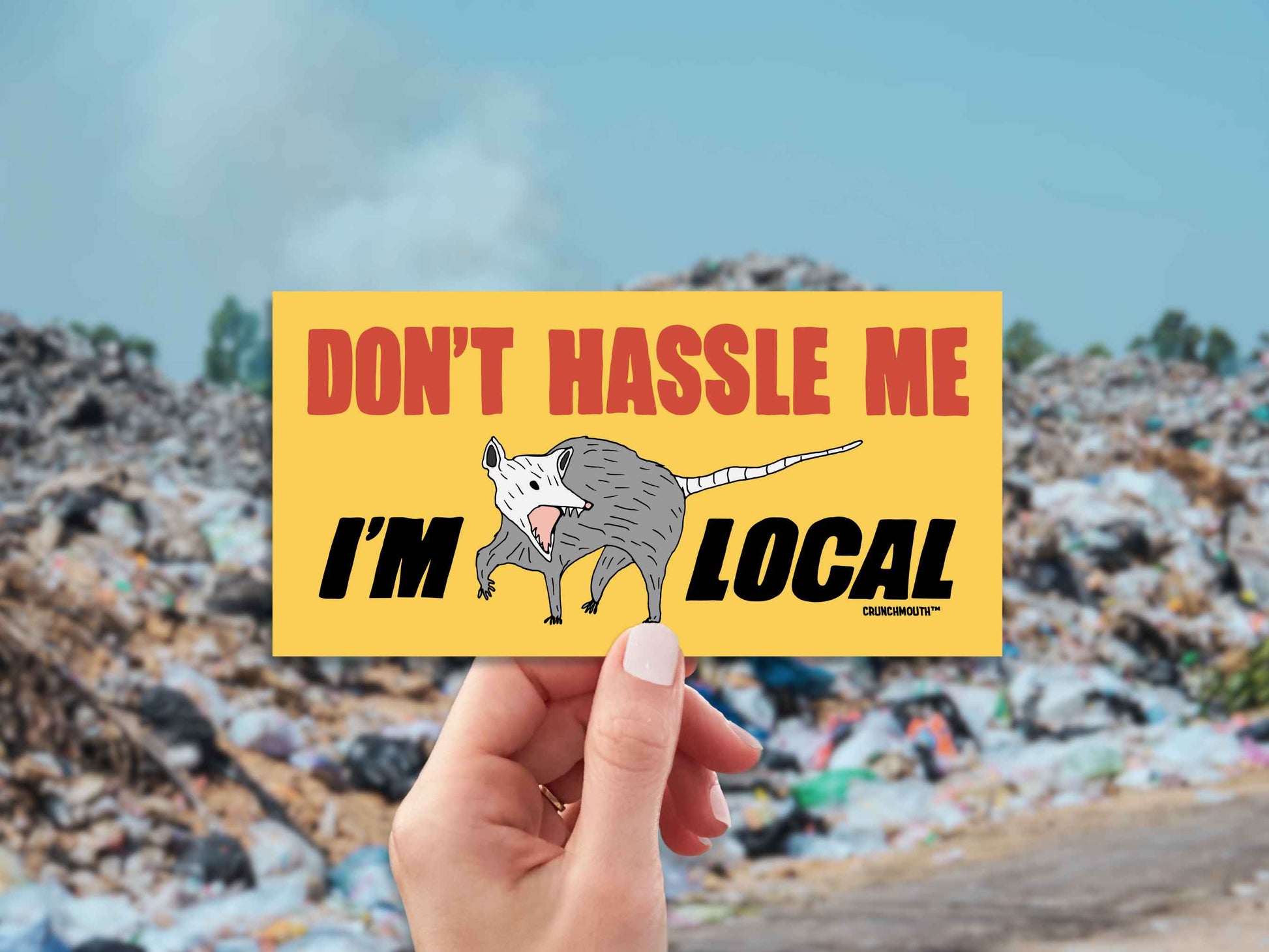 opossum bumper sticker, don't hassle me i'm local, funny bumper stickers, hand display, landfill background