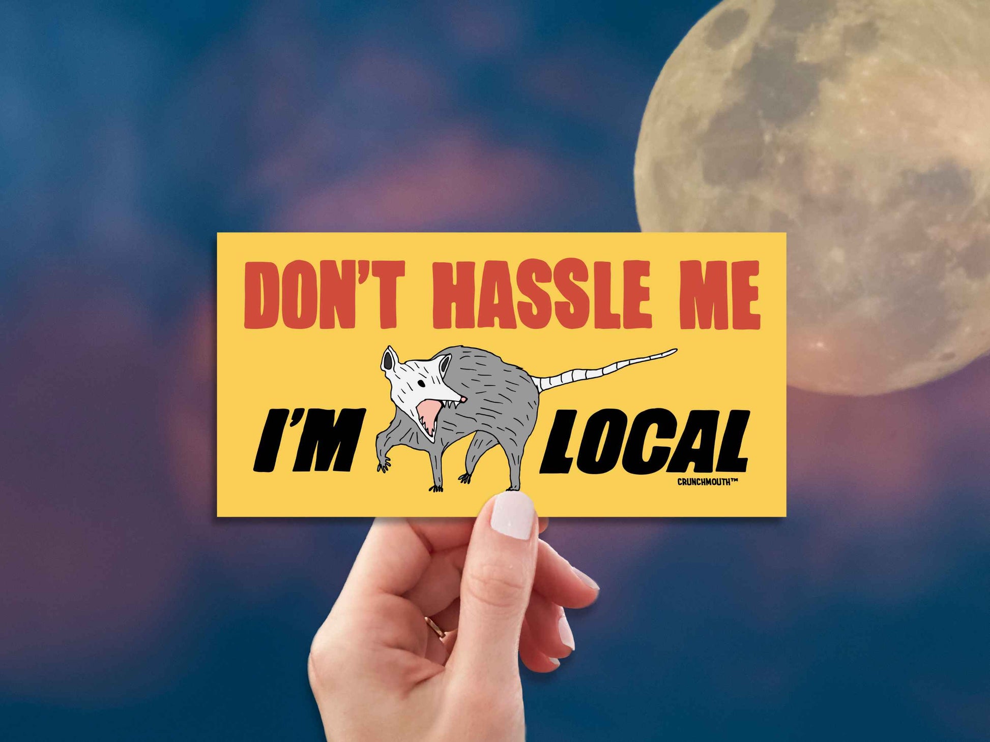 opossum bumper sticker, don't hassle me i'm local, funny bumper stickers, hand display, moon night sky background