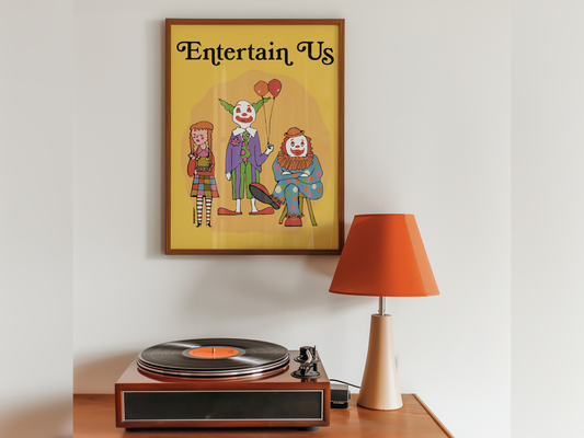 entertain us ironic clown wall art displayed in context