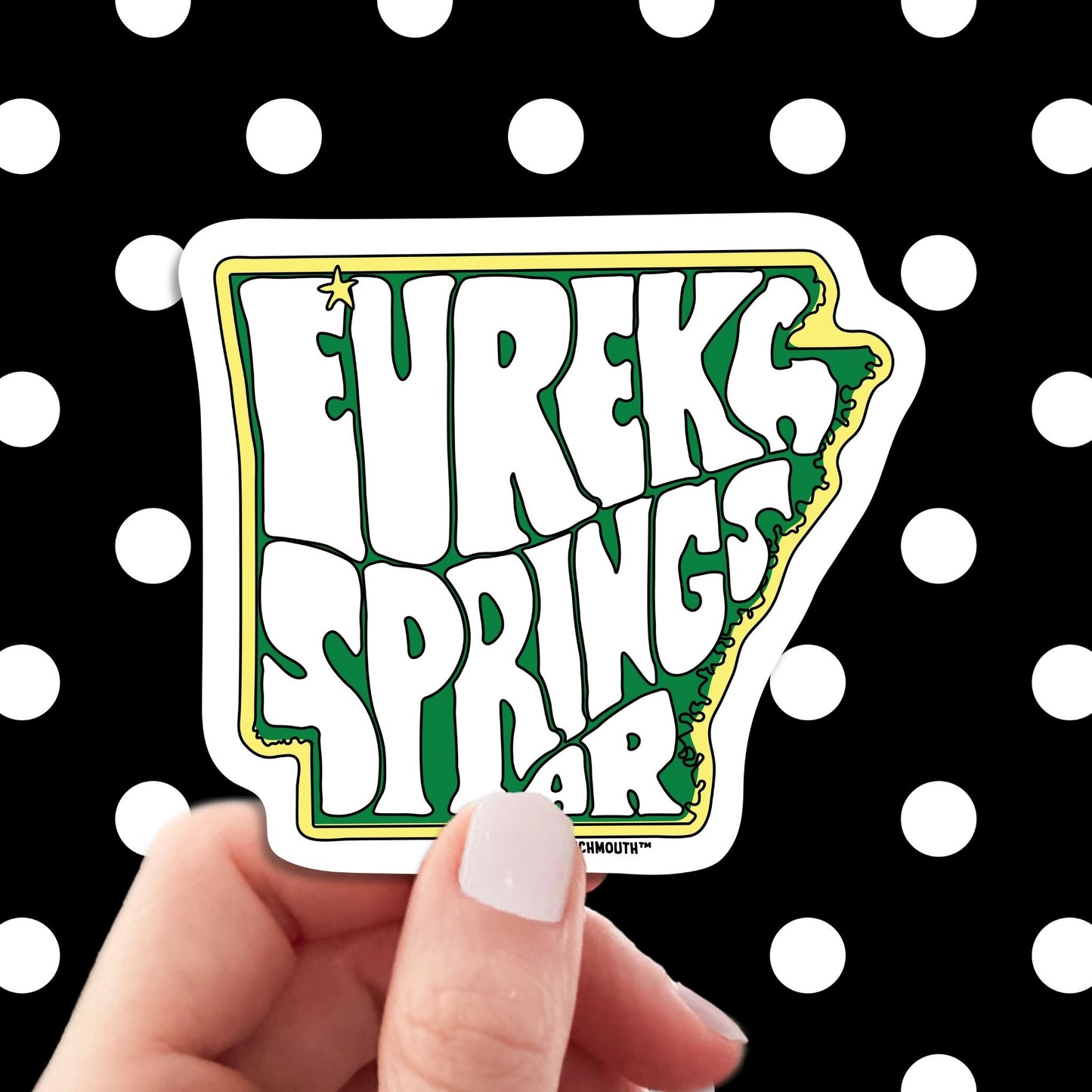 eureka springs travel luggage sticker, hand display, polka dots pattern design background