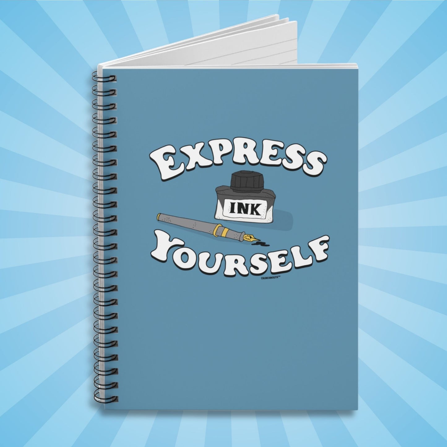 express yourself notebook, opened, sun rays design background