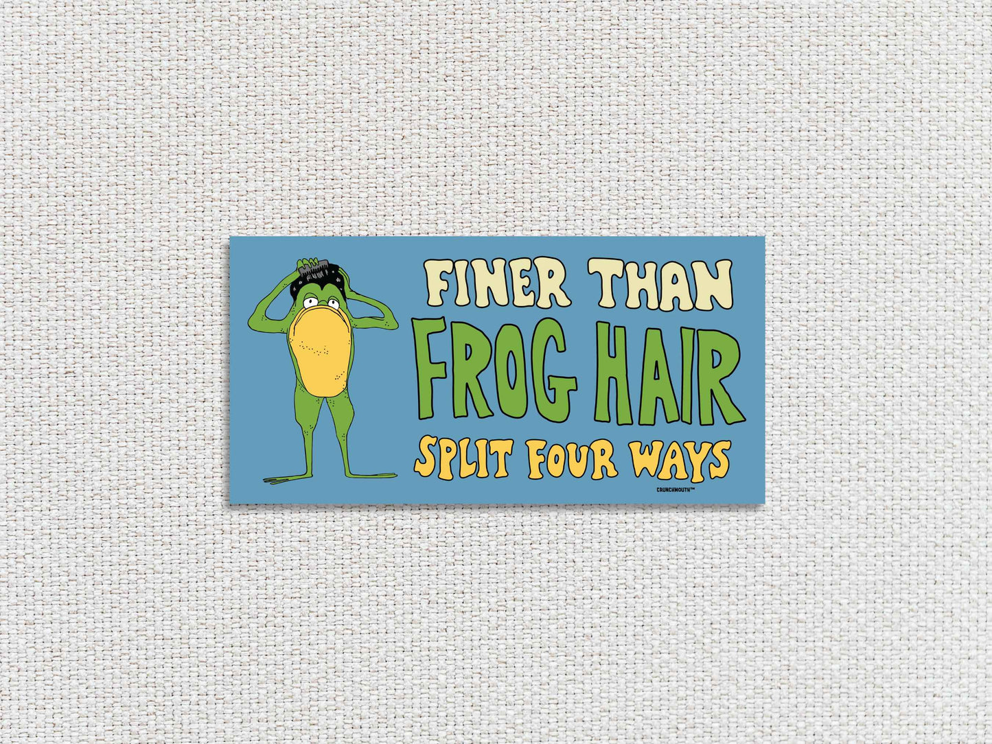finer than frog hair split four ways bumper sticker, funny greaser frog combing hair, white textured background