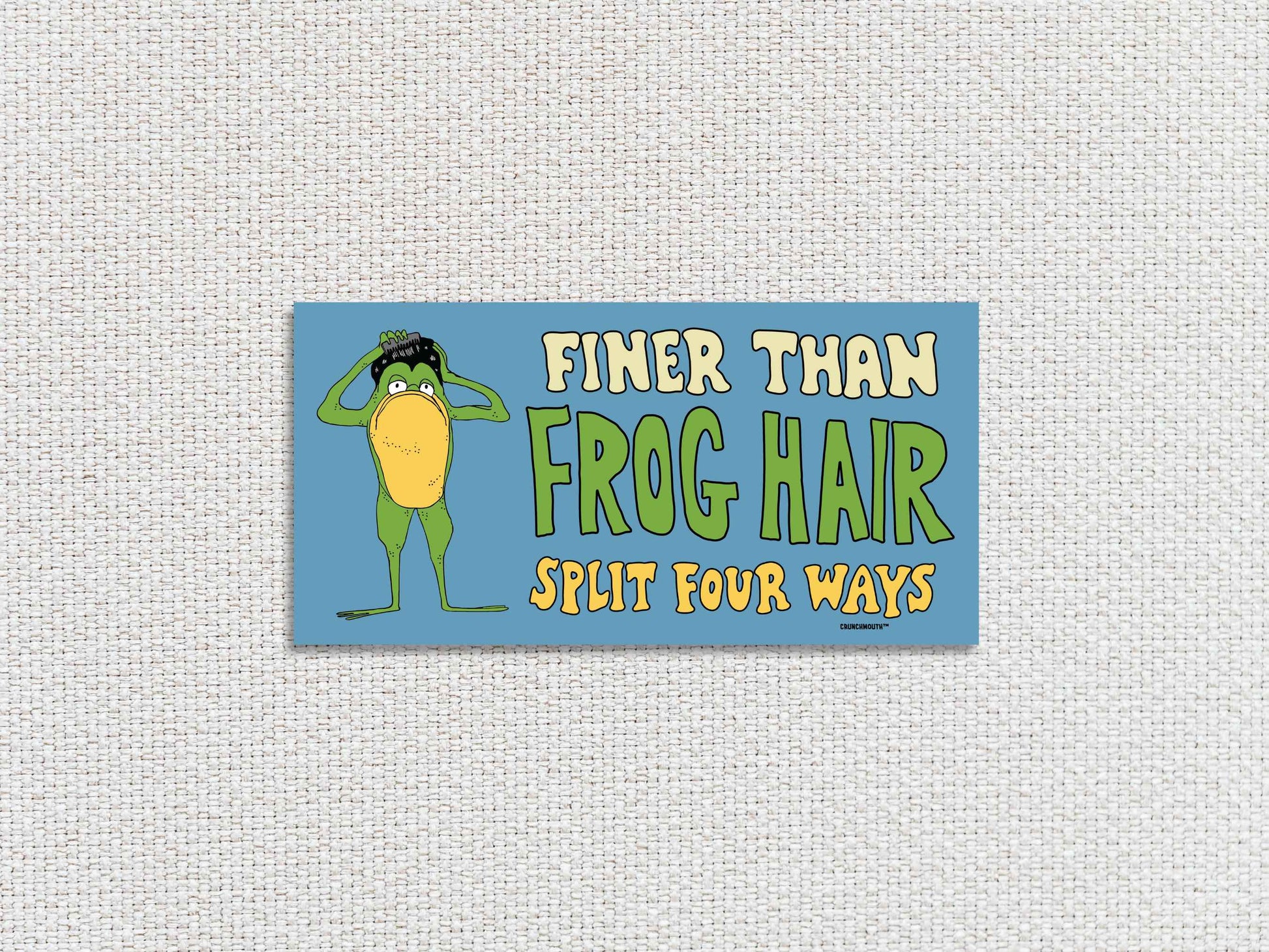 finer than frog hair split four ways bumper sticker, funny greaser frog combing hair, white textured background